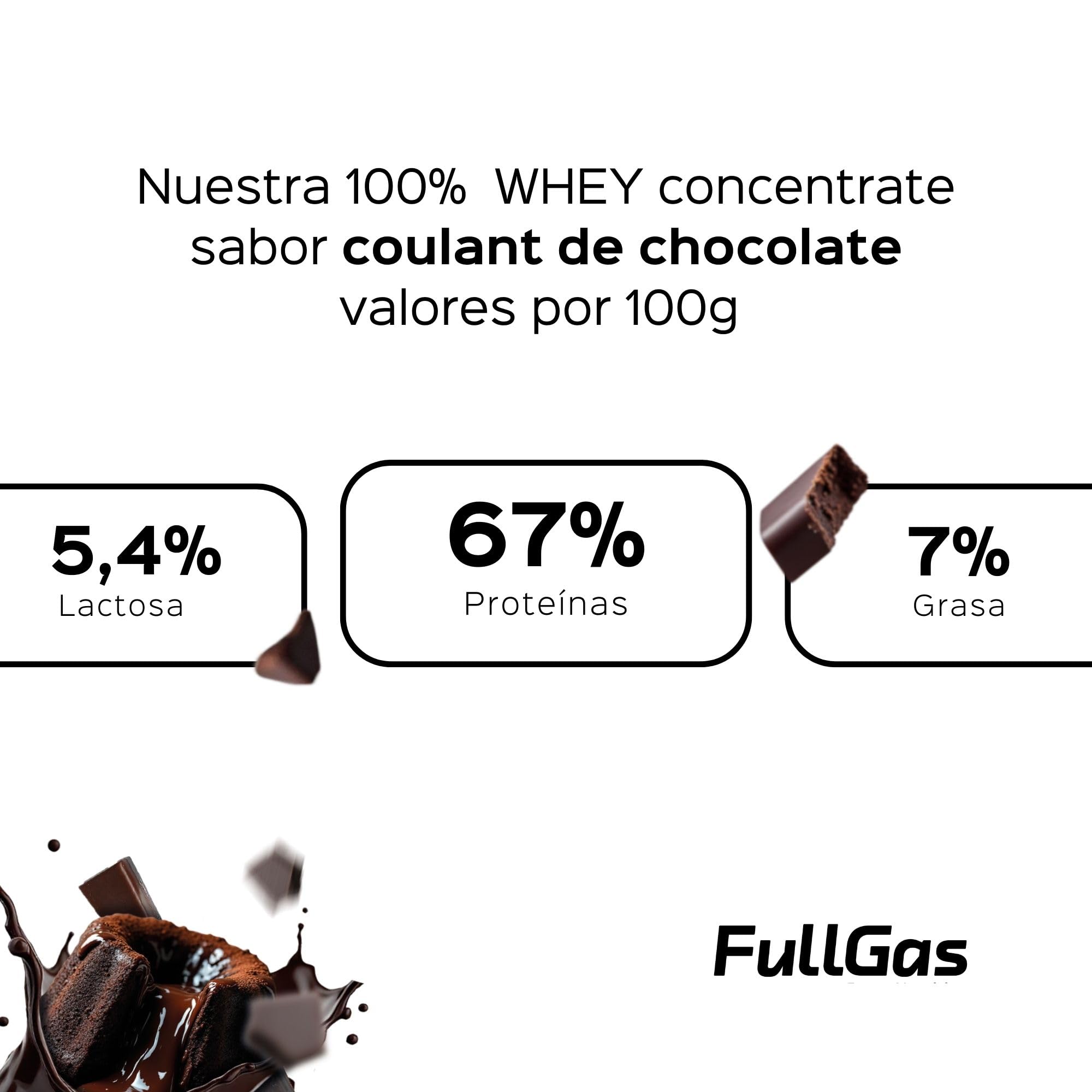 FullGas Concentrado de Proteína de Suero | Sabor Coulant de Chocolate | 1,8kg | 100% Whey Protein Concentrate | Incluye Dosificador | Vegetariano y Sin Gluten