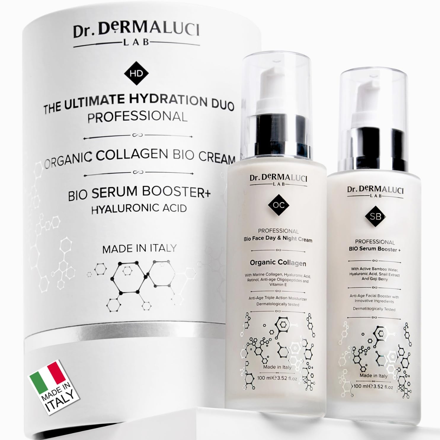 Dr. Dermaluci Lab DUO Cofanetto Regalo Donna/Uomo BIO - Antirughe, Idratante, Illuminante, Rassodante - Siero Bava di Lumaca + Crema Collagene - Cura Viso Antieta Pelle Matura - AIAB, Made in Italy