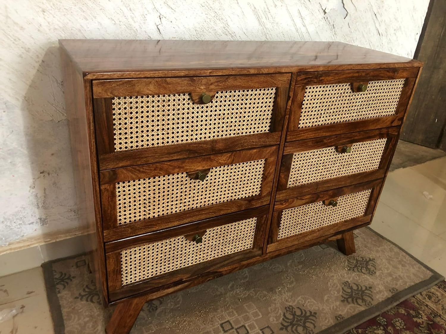 Pol Poc Solid Wood Chest of Drawers - 6 Drawer Storage in Natural | Wooden Cane Chest of 6 Drawers (PP201)