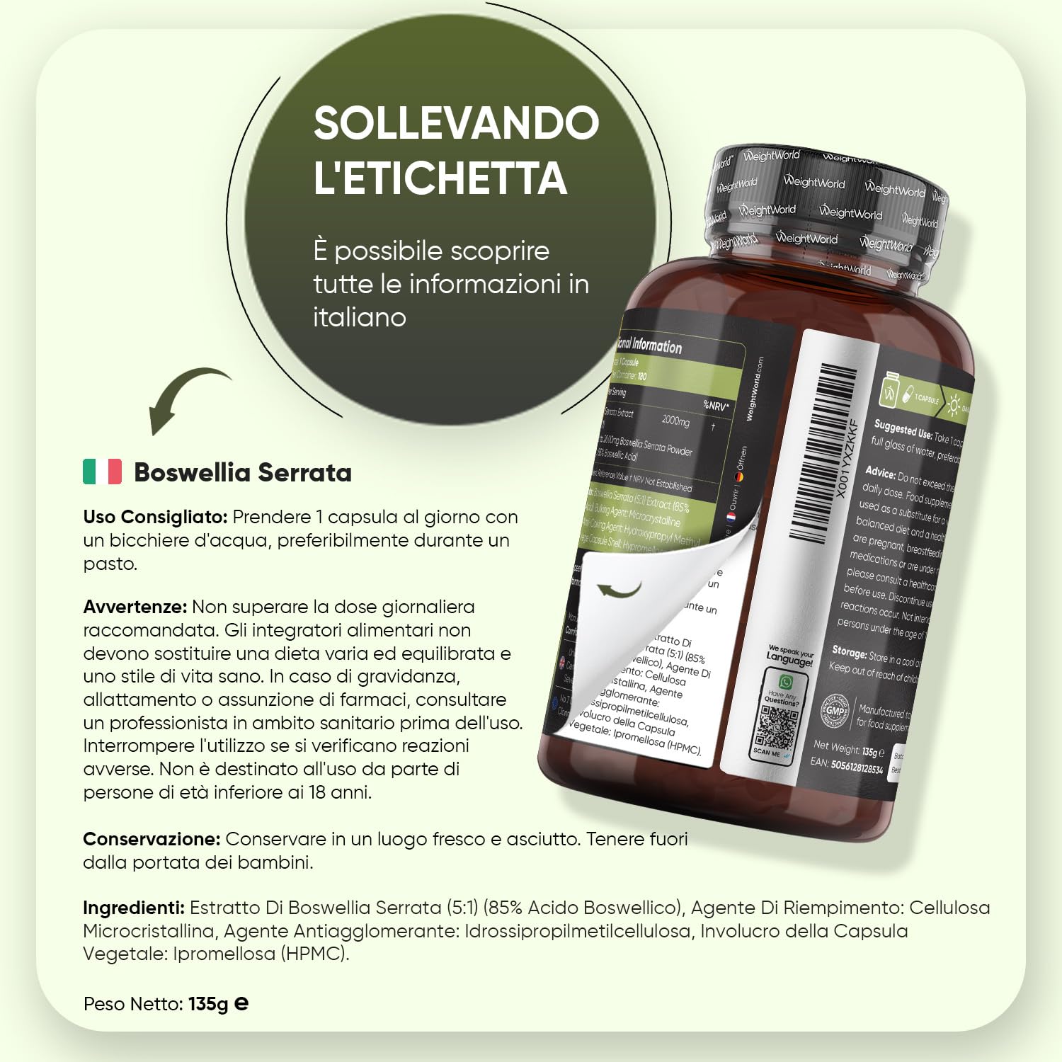 Boswellia Serrata WeightWorld, 180 Capsule Vegane (6 Mesi) da 2000mg, 85% Acidi Boswellici, Estratto 5:1, 1 Sola Capsula al Giorno, Boswellia Integratore, Senza Magnesio Stearato, Prodotto in Europa