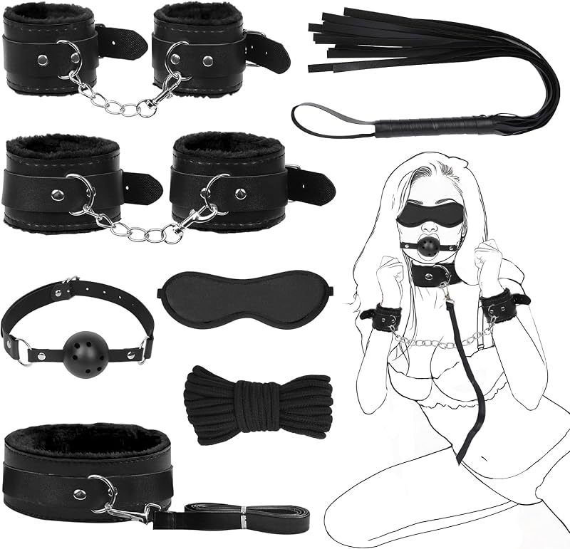 7PCS BDSM Restraints Set with Adjustable Sex Wrist & Ankle Cuffs, Collar, Bondage Rope Ball Gag Blindfold and Sex Whip, Bedroom Sex Toy for Women & Couples (Black-7PCS)