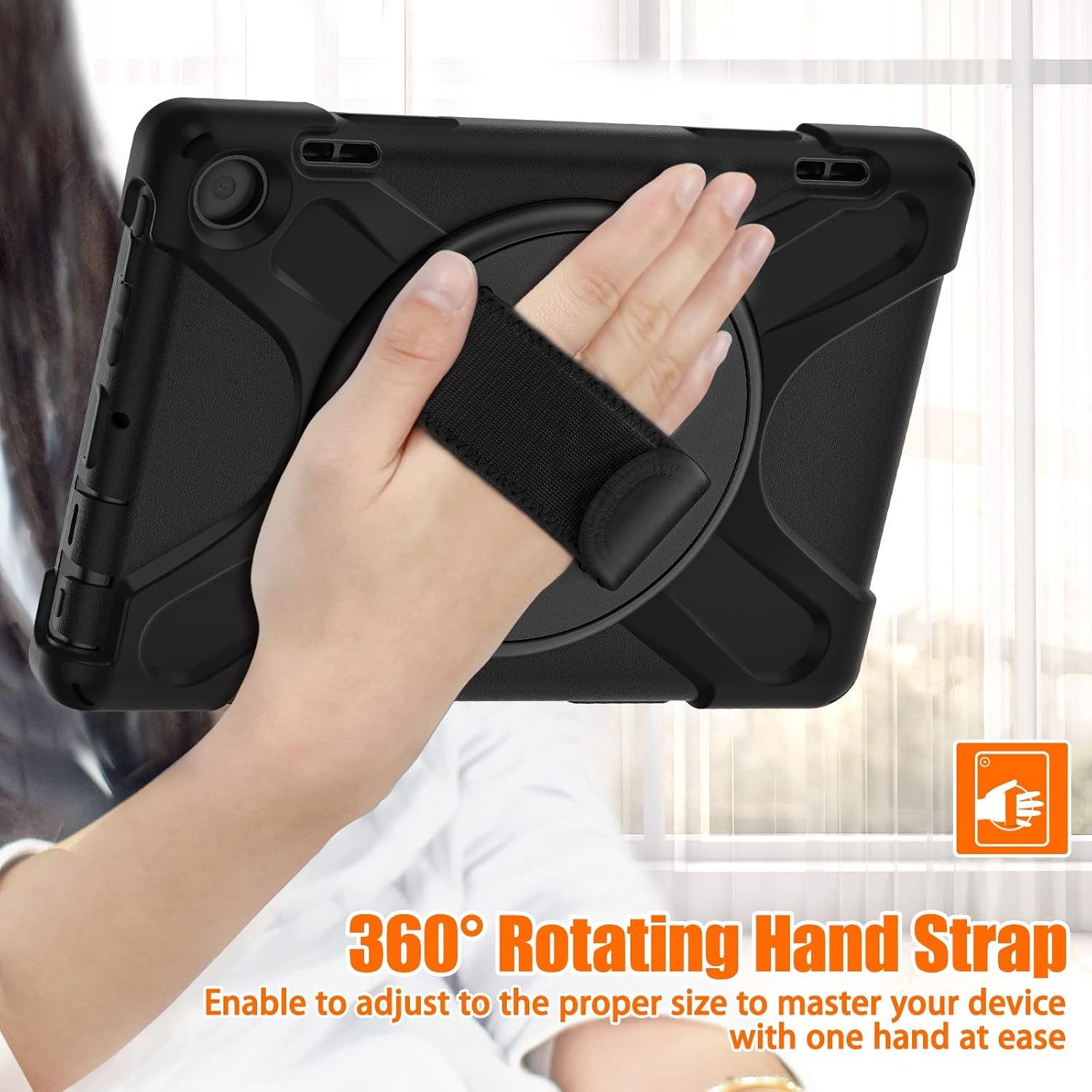 Heavy Duty Shockproof TPU Case For Kindle Fire HD 8 & Plus Tablet (12th Generation, 2022 Release),Protective Cover Drop-Proof Shock-Proof W Rotating Kickstand+Handle+Shoulder Strap(BLACK) image 5