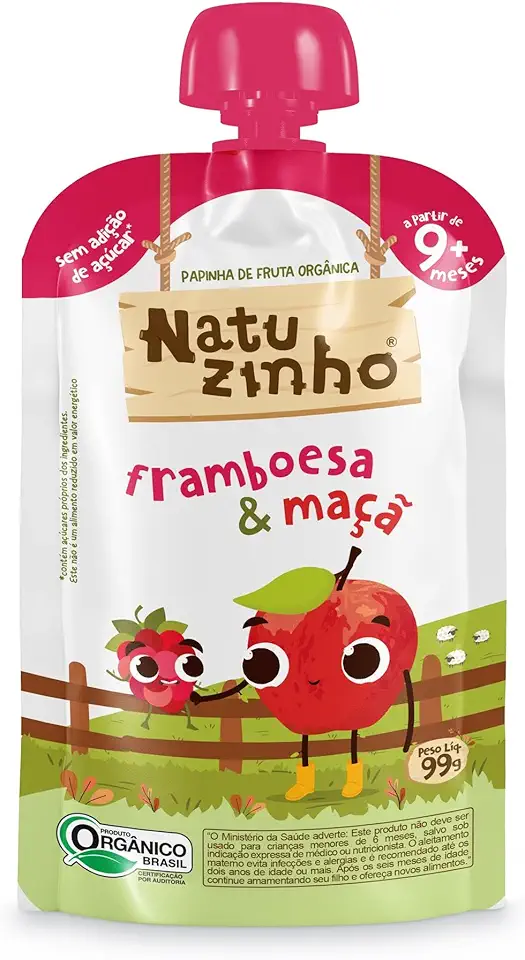 Natuzinho, Papinha Orgânica para Bebê, Sabor Framboesa e Maçã, Sem Açúcar, Aditivos ou Conservantes, Estimula o Paladar, 99g