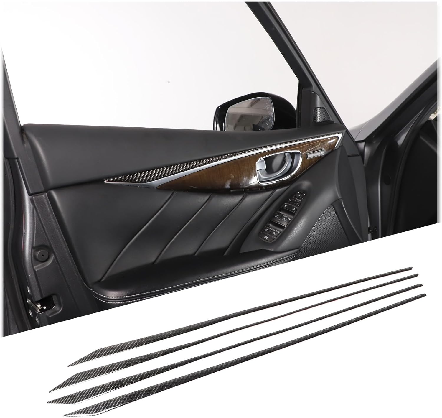 Door Window Glass Lift Button Panel Cover Trim Compatible with Infiniti Q50 2017 2018 2019 2020 2021, Soft Carbon Fiber Interior Accessories - Advanced Version (Inner Door Trim Strip - Black)