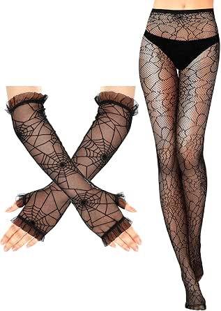 Halloween Spider Web Tights and Gloves Set, 2 Pieces