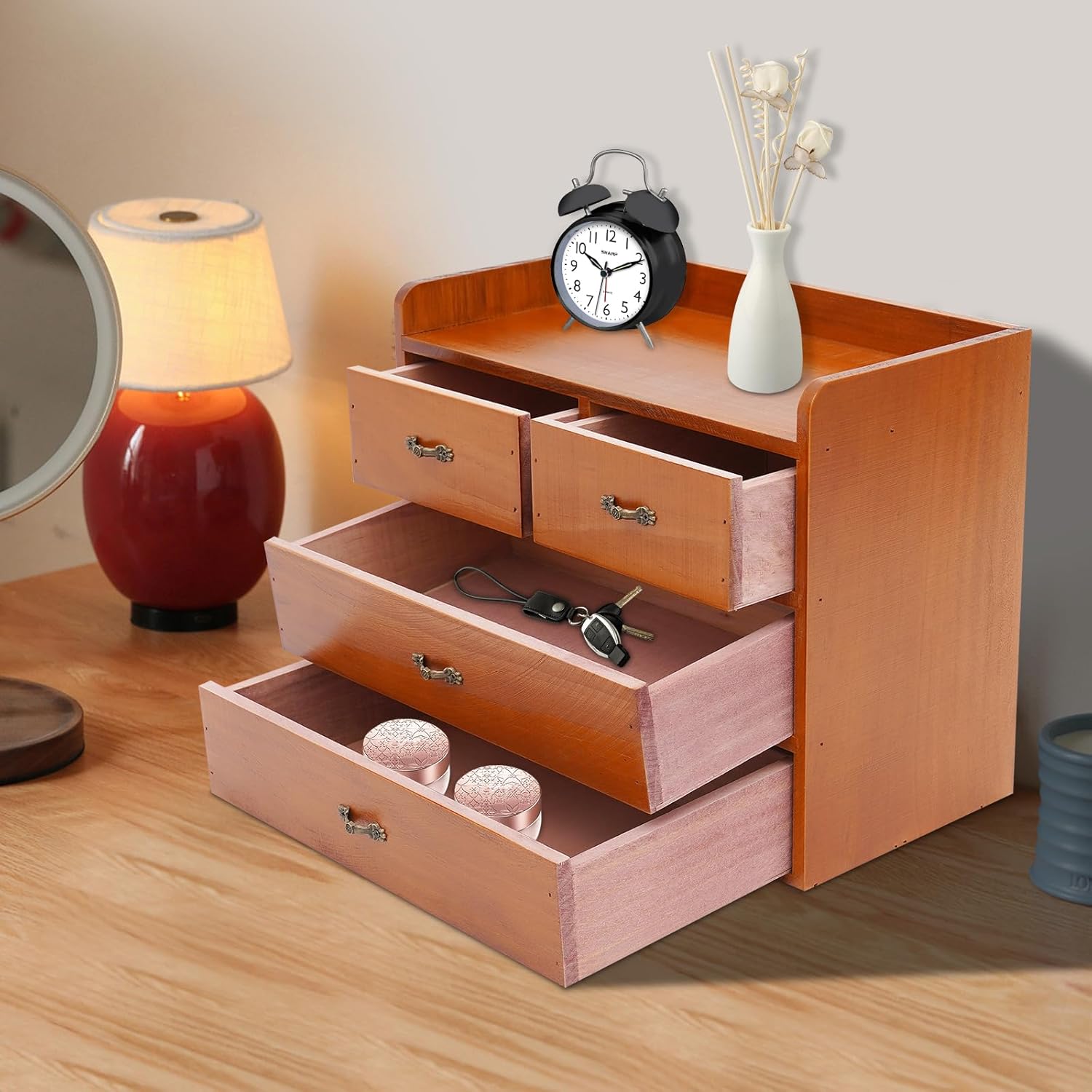 Wooden Desktop Organizer - 3-Tier Office Supplies Filing Tidy Storage Shelf - Storage Cabinet/Jewelry Organizer with 4 Drawers