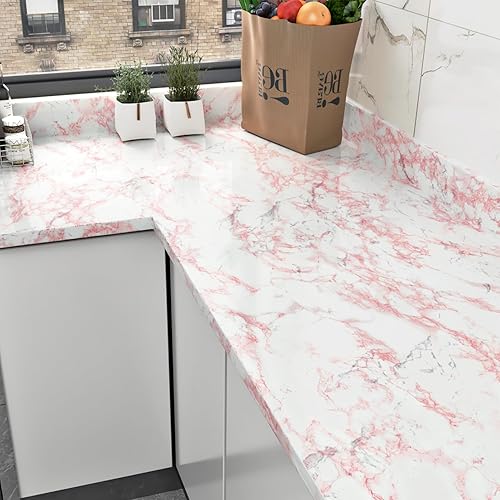 Miniatura 1 de Papel adhesivo de mármol rosa para encimeras, papel tapiz de mármol para gabinetes de 24 x 118 pulgadas, papel adhesivo de vinilo autoadhesivo para
