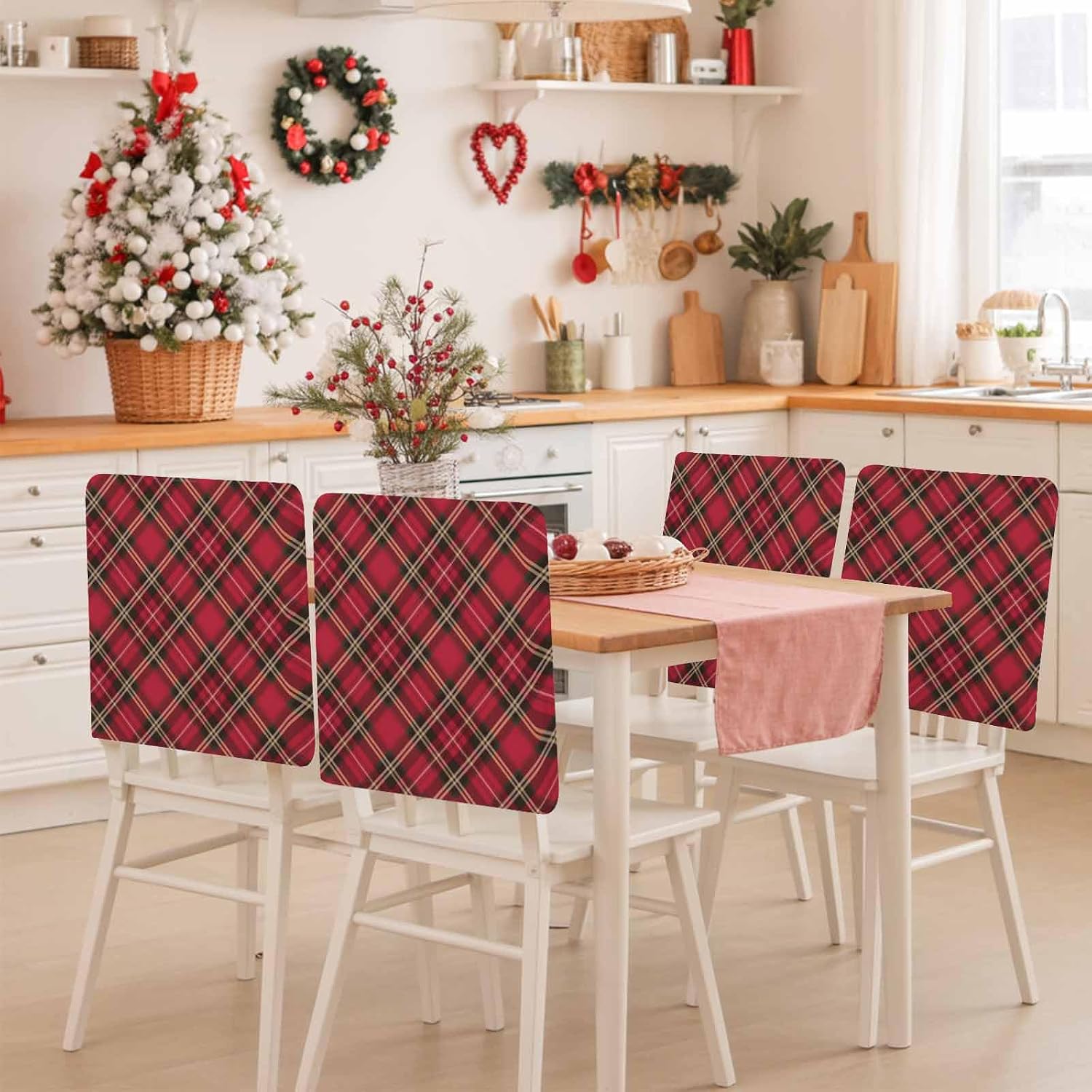 Red Green Plaid Christmas Chair Back Covers for Dining Room, Winter Xmas Linen Polyester Back Chair Protector, 4 Pcs Farmhouse Buffalo Checkered Chairs Covers for Dining Chairs Decor, 20 x 19 Inches
