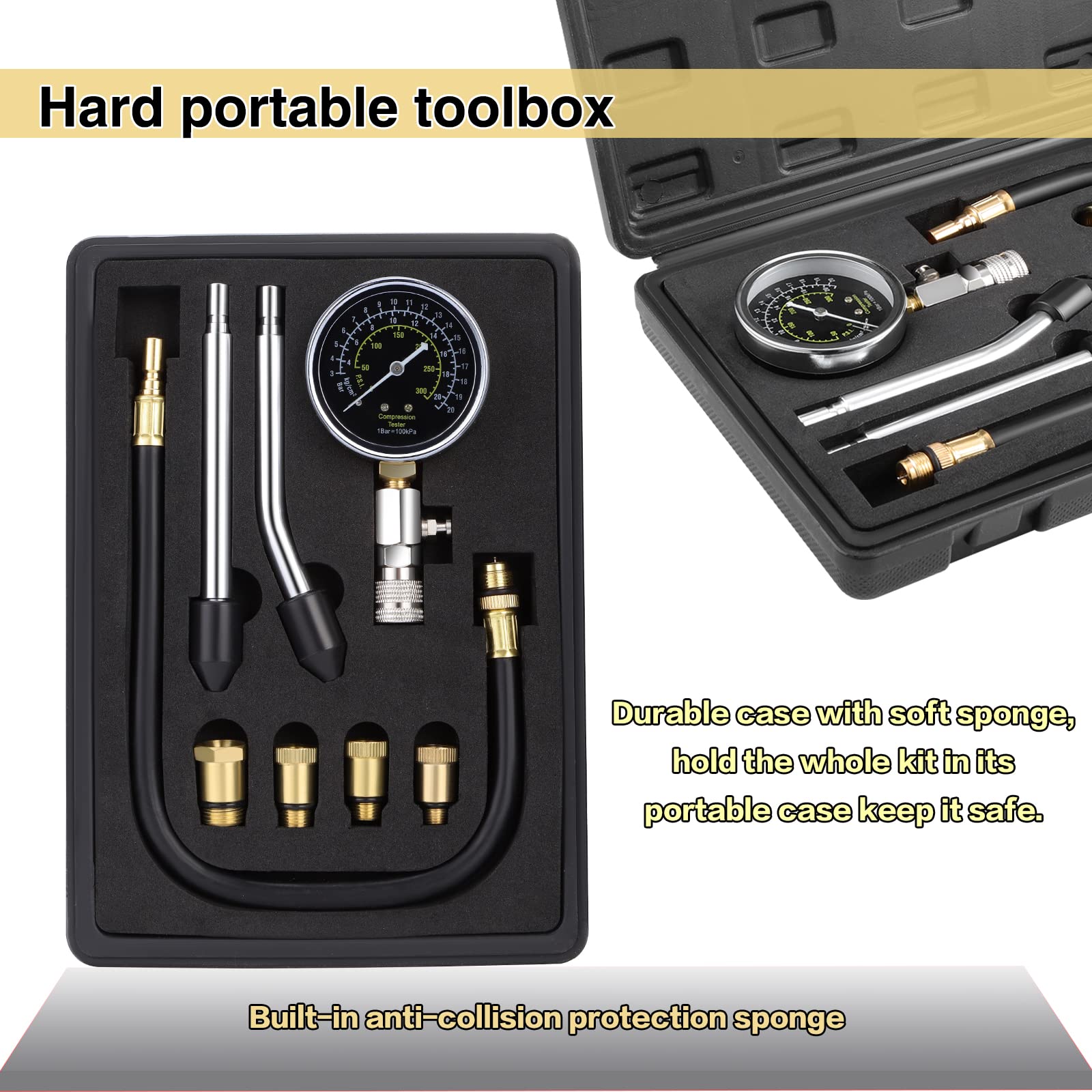 HSEAMALL Kit tester di compressione, kit di test di pressione per cilindro motore a benzina, kit per test di pressione per auto, moto, automobilistico, 0-300 PSI