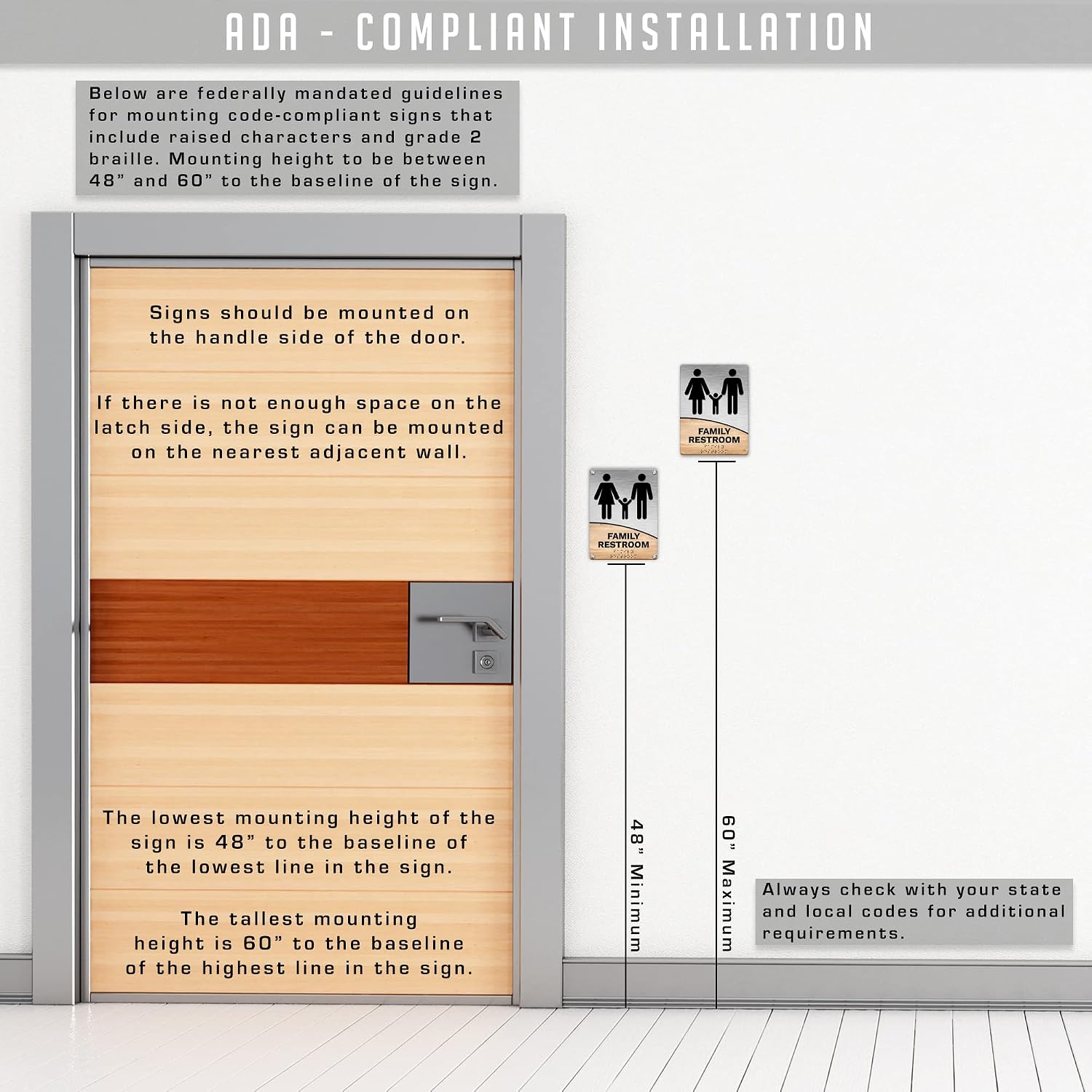 Modern Office Business Restroom Sign - Family - 6"x8" Brushed Steel + Wood Look - ADA Compliant