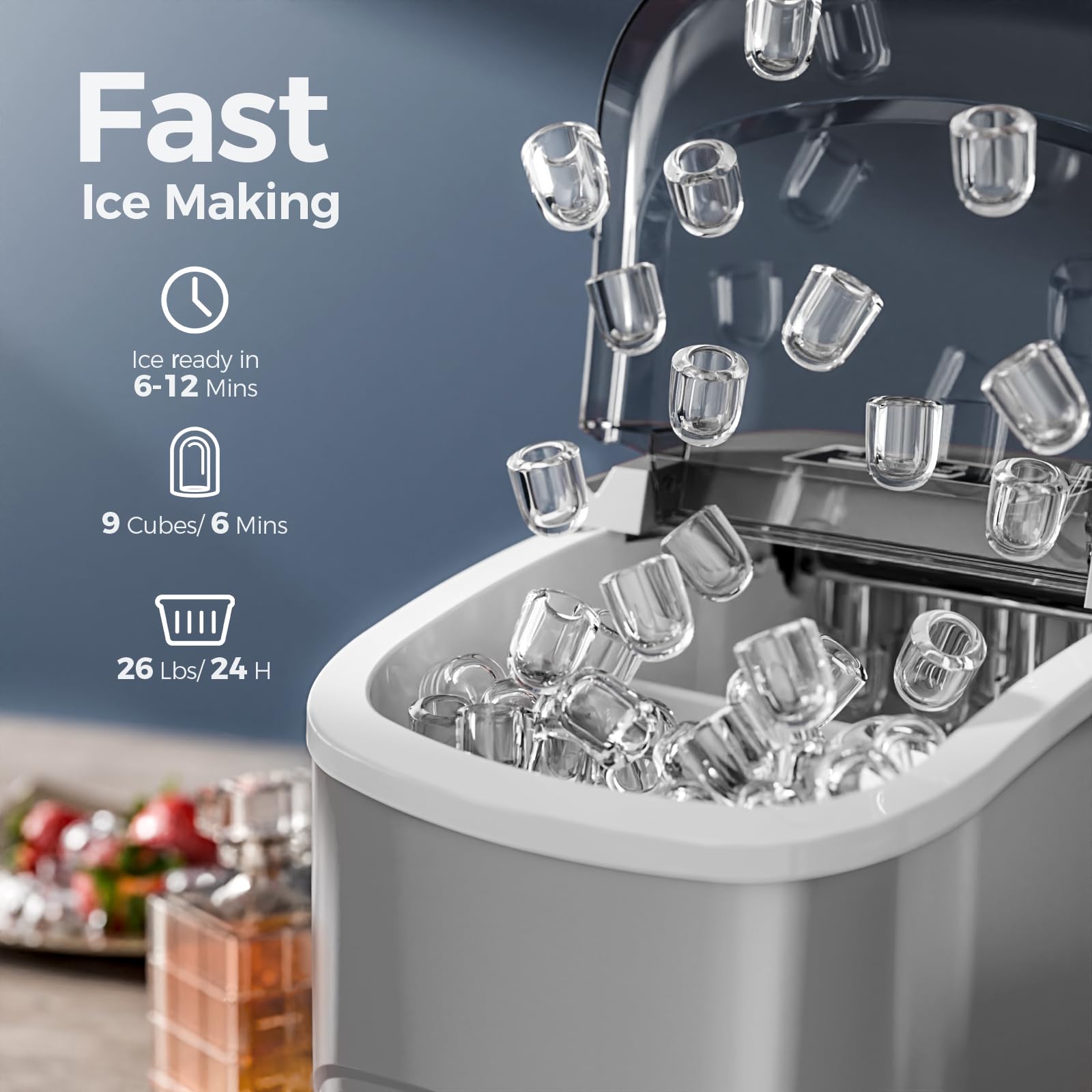 Electactic Ice Makers Countertop,26lbs/24h,9 Cubes In 6 Mins,Portable Ice Maker Machine With Self-Cleaning,2 Sizes Of Bullet Ice,Perfect For Home Kitchen(Grey) on Fridge.com - View 2