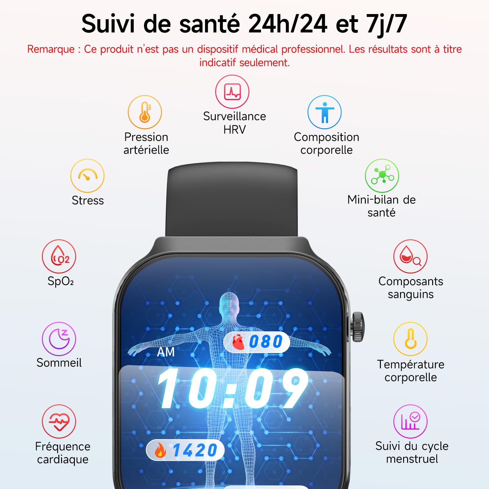 Nouv’ECG Smartwatch Homme Pression Artérielle, 2.2" Écran Incurvé