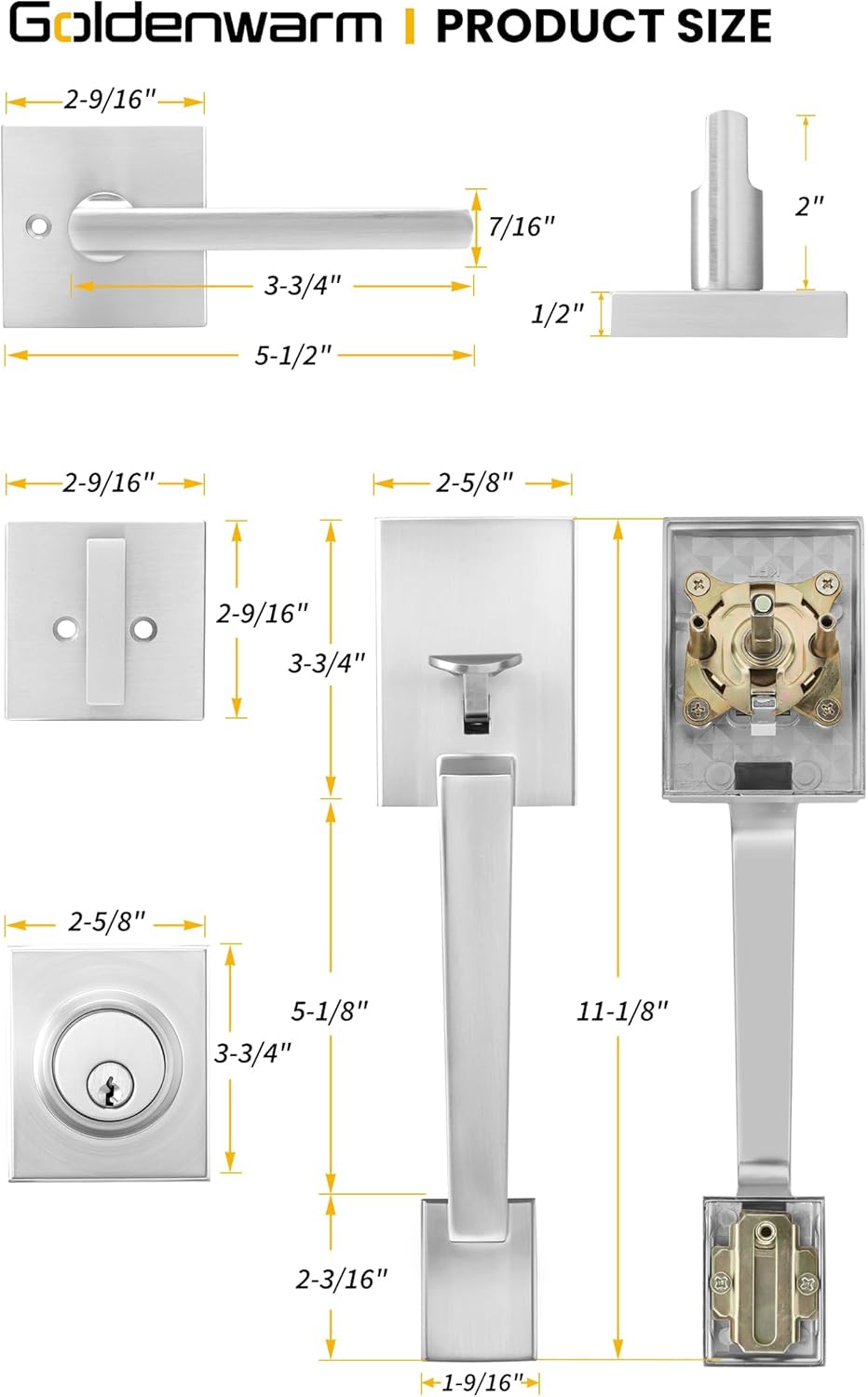Goldenwarm Double Front Door Lock Set, Brushed Nickel Double Front Door Handle with Dummy, Square Exterior Door Lever with Reversible Lever, Single Cylinder Deadbolt Combo