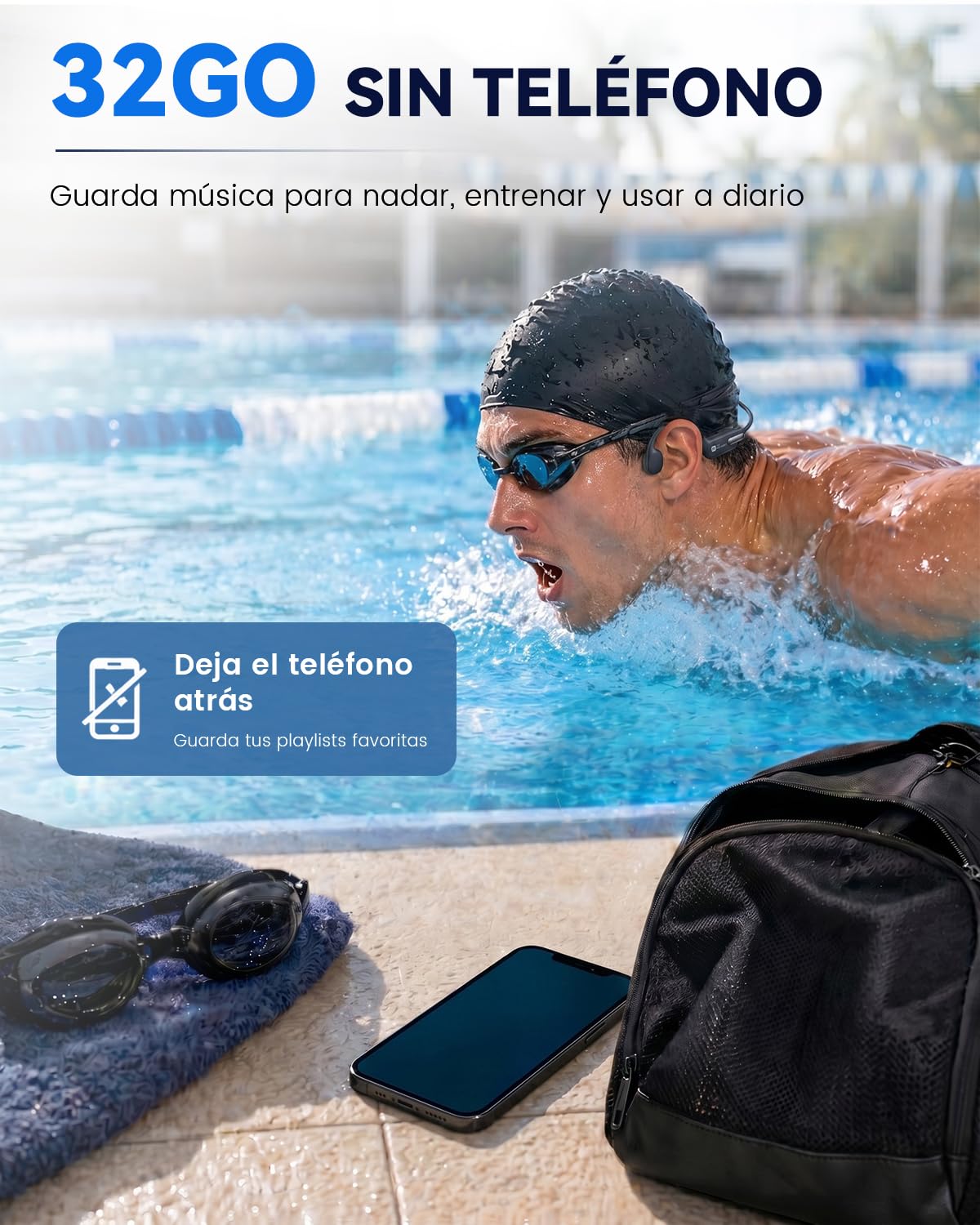 HIFI WALKER Auriculares Conducción Ósea Natación, IPX8 Impermeables para Nadar, MP3 32GB, Bluetooth 6.0, Open Ear Acuáticos para Piscina, Correr, Ciclismo y Gimnasio