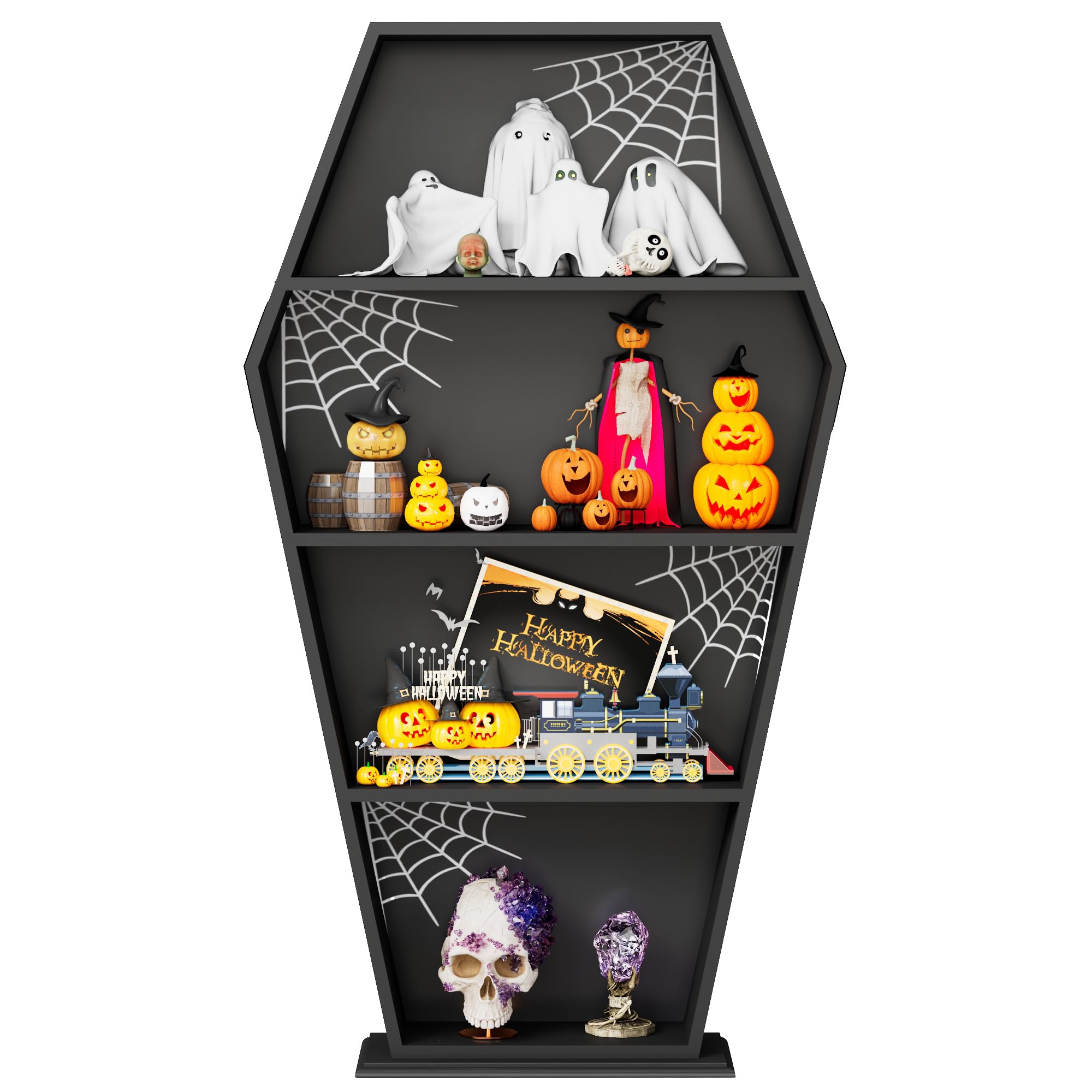 Eostbe Halloween Goth Coffin Bookshelf 48''H - Wood Tall Coffin Shelf with Spider Web Gothic Decor, Black Spooky Curio Shelf for Home Decor