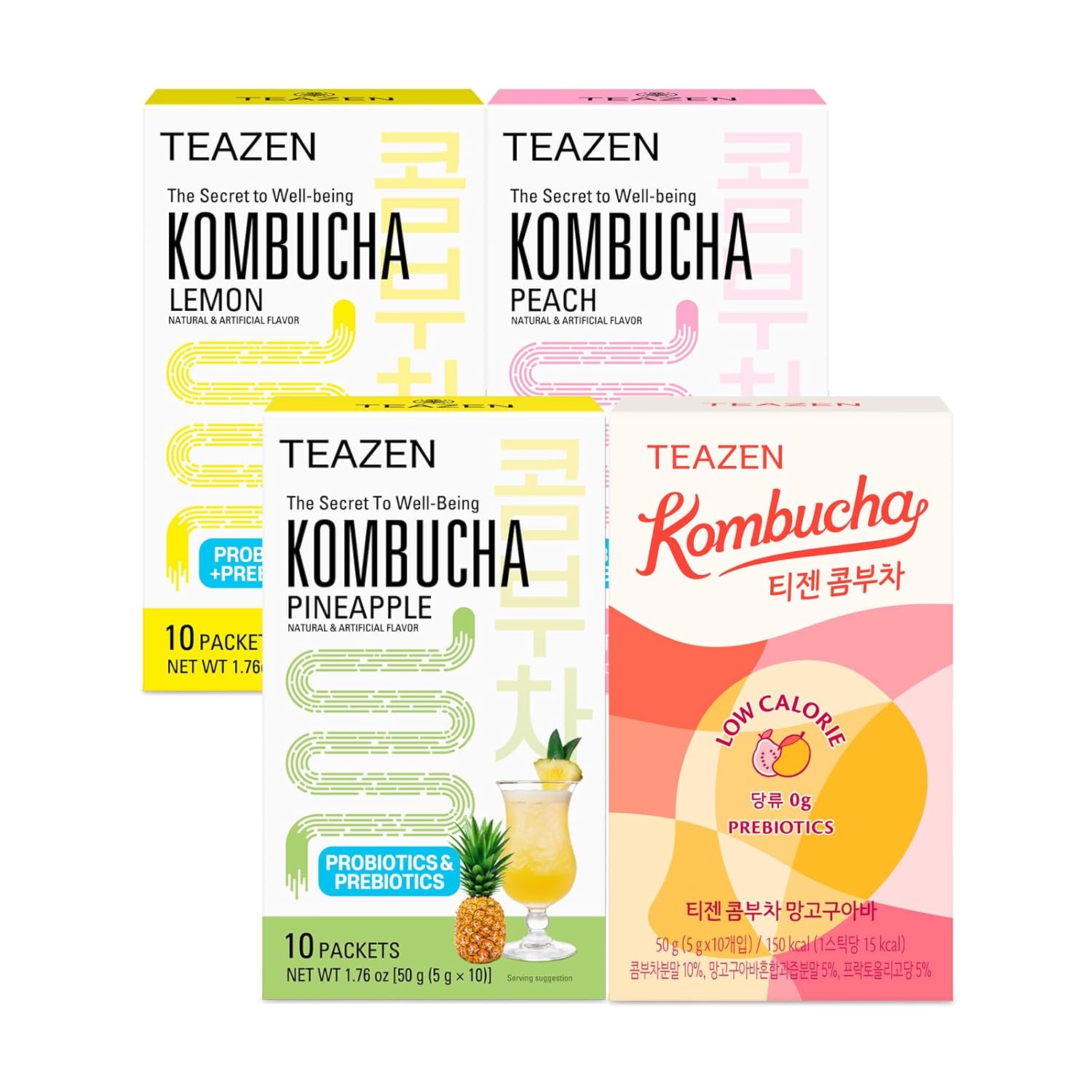 TEAZEN 4 Flavors 40 Sticks Variety Pack, Kombucha Lemon, Peach, Pineapple, Mango Guava (40 Sticks)