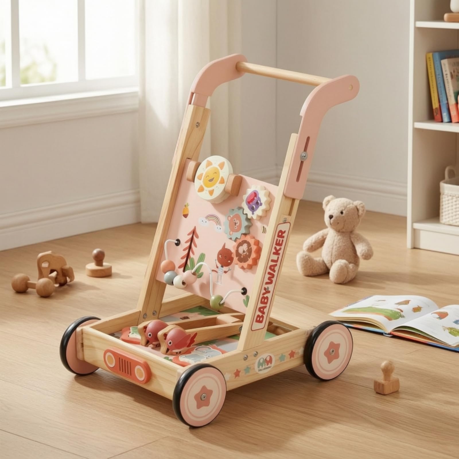 Harilla Carrello Primi Spostamenti in Legno Multifunzione Carrello Primi Spostamenti con Attività Stabile Giocattolo per Bambini Piccoli, Neonati, Asilo Nido