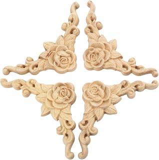 MUXSAM 4PCS Handmade Wood Appliques Onlays 3.15"x3.15" Retro Rose Corner Decor for Furniture Cabinets DIY Unpainted Oak