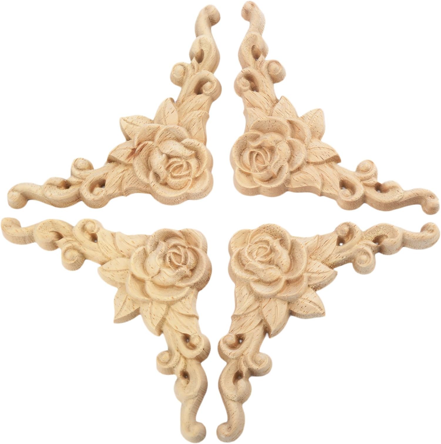 MUXSAM 4Pcs Wood Appliques & Onlays for Furniture, 3.15" x 3.15"(8x8cm), Handmade Carved Unpainted Corner Decoration for Home Wall Door Bed Cabinet Cupboard Funiture Door Cabinet Retro Rose Pattern