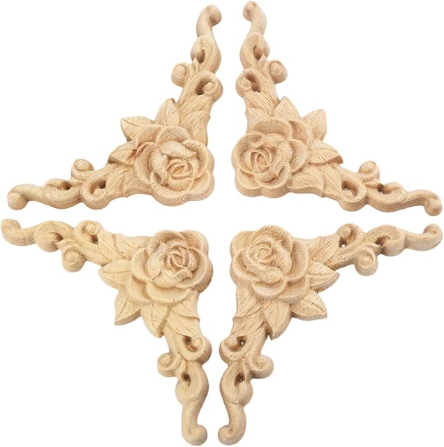 MUXSAM 4pcs Wood Carved Mouldings Applique Corner Decal Onlay Wood Embellishments for Crafting Furniture Home, Handcrafted Door Cabinet Cupboard Furniture Rose Unpainted Sculptures