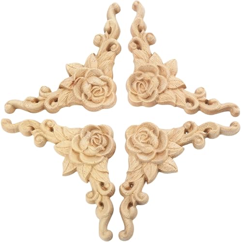 MUXSAM 4Pcs Wood Appliques & Onlays for Furniture, 3.15" x 3.15"(8x8cm), Handmade Carved Unpainted Corner Decoration for Home Wall Door Bed Cabinet Cupboard Funiture Door Cabinet Retro Rose Pattern