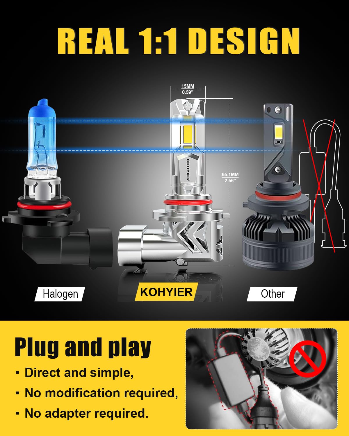 Żarówka LED HB3 100W 40000LM, 800% Jaśniejsza Światło Białe 6000K, Miniaturowa Żarówka Przednia 9005 HB3 LED W Skali 1:1, System Plug And Play, Opakowanie 2 Sztuki
