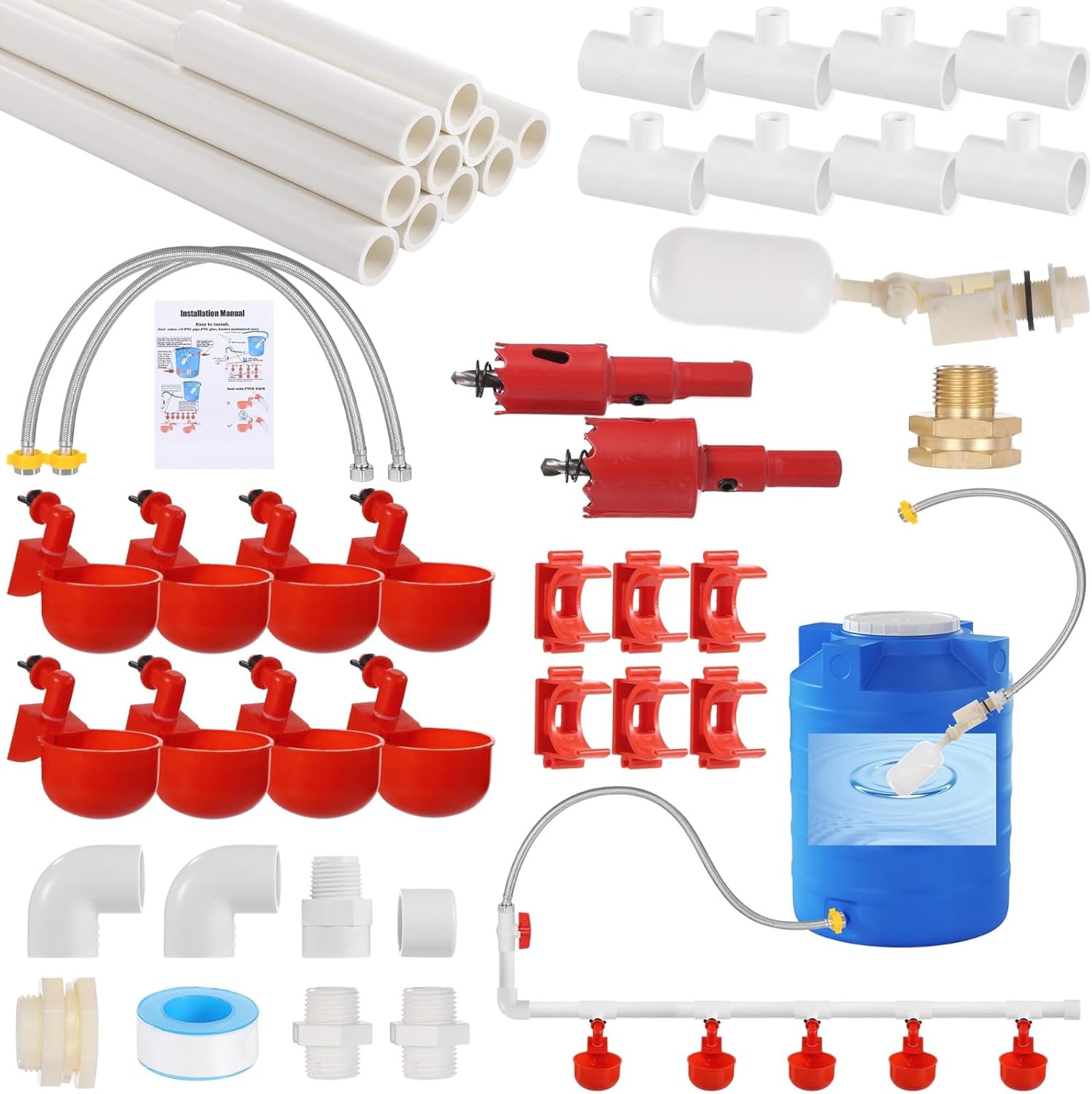 Pipeline Automatic Chicken Waterer System, Automatic Chicken Watering Complete PVC Pipelines Set with 8 Deep Drinking Cups, T Connectors, Float Valve, Auto Pipe Feeder Poultry Watering Kit