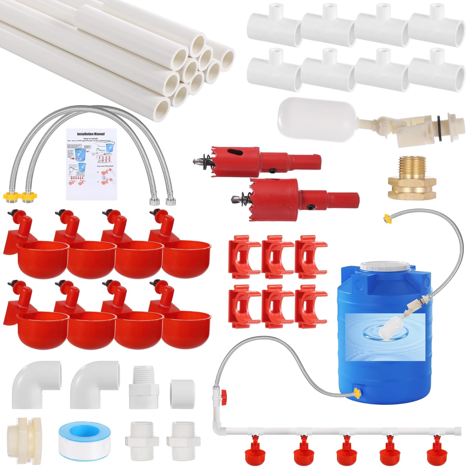 Pipeline Bebedero automático para pollos, juego completo de tubos de PVC con 8 vasos profundos, conectores en T, válvula de flotador, alimentador automático de tuberías para aves de corral