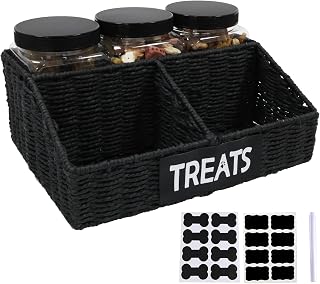Trapezoidal Dog Treat Container Airtight,3-Compartments Dog Treat Organizer,Dog Treat Storage Countertop,Pet Caddy,Great Gift for Pet Dog Owners-Black Wicker Basket