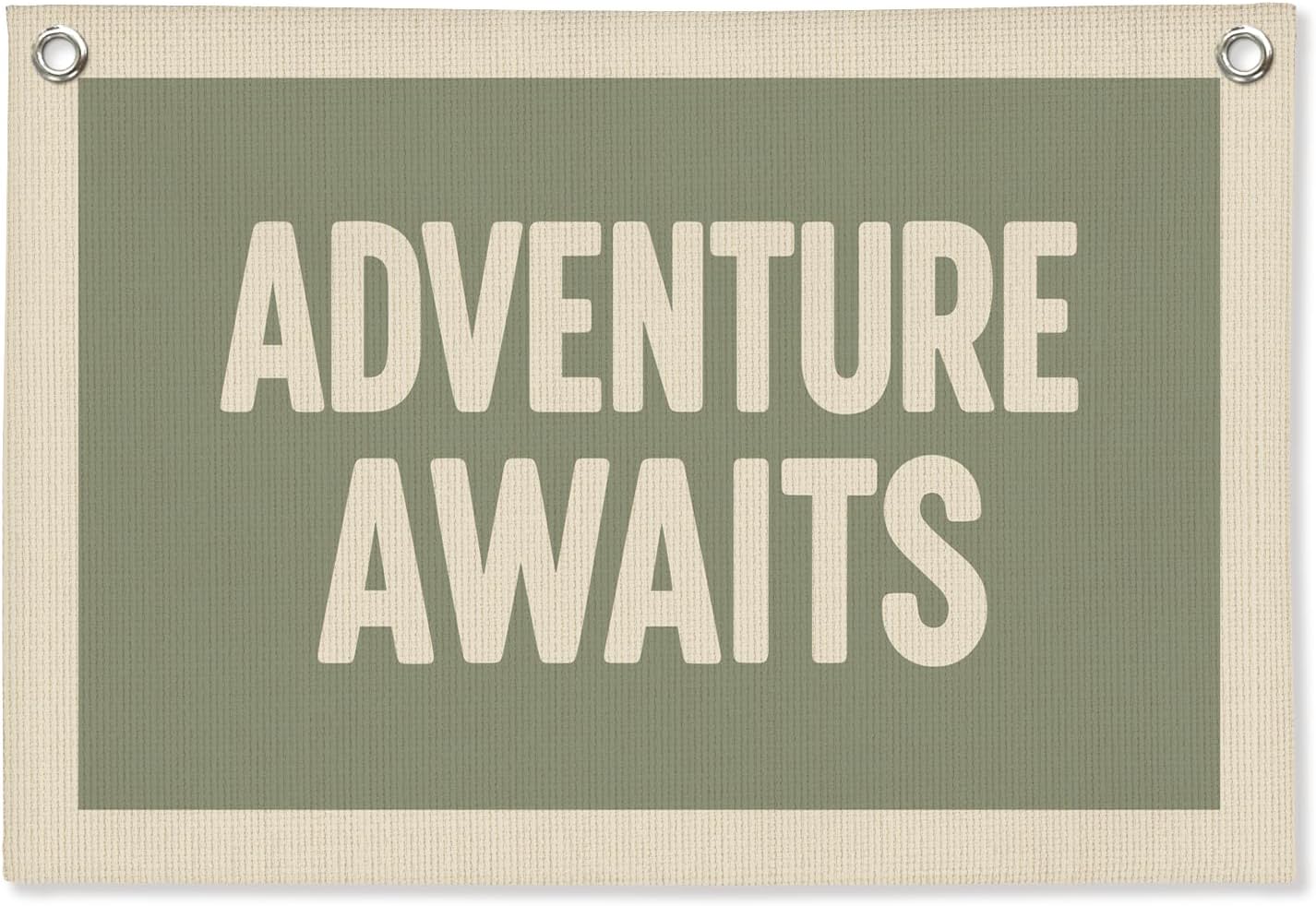 Adventure Nursery Decor, Adventure Awaits Wall Hanging Canvas Banner, Sage Green Boy Nursery Wall Decor Hanging Banner Flag for Kids Baby Boys Room Bedroom Playroom, 20x30 Inch