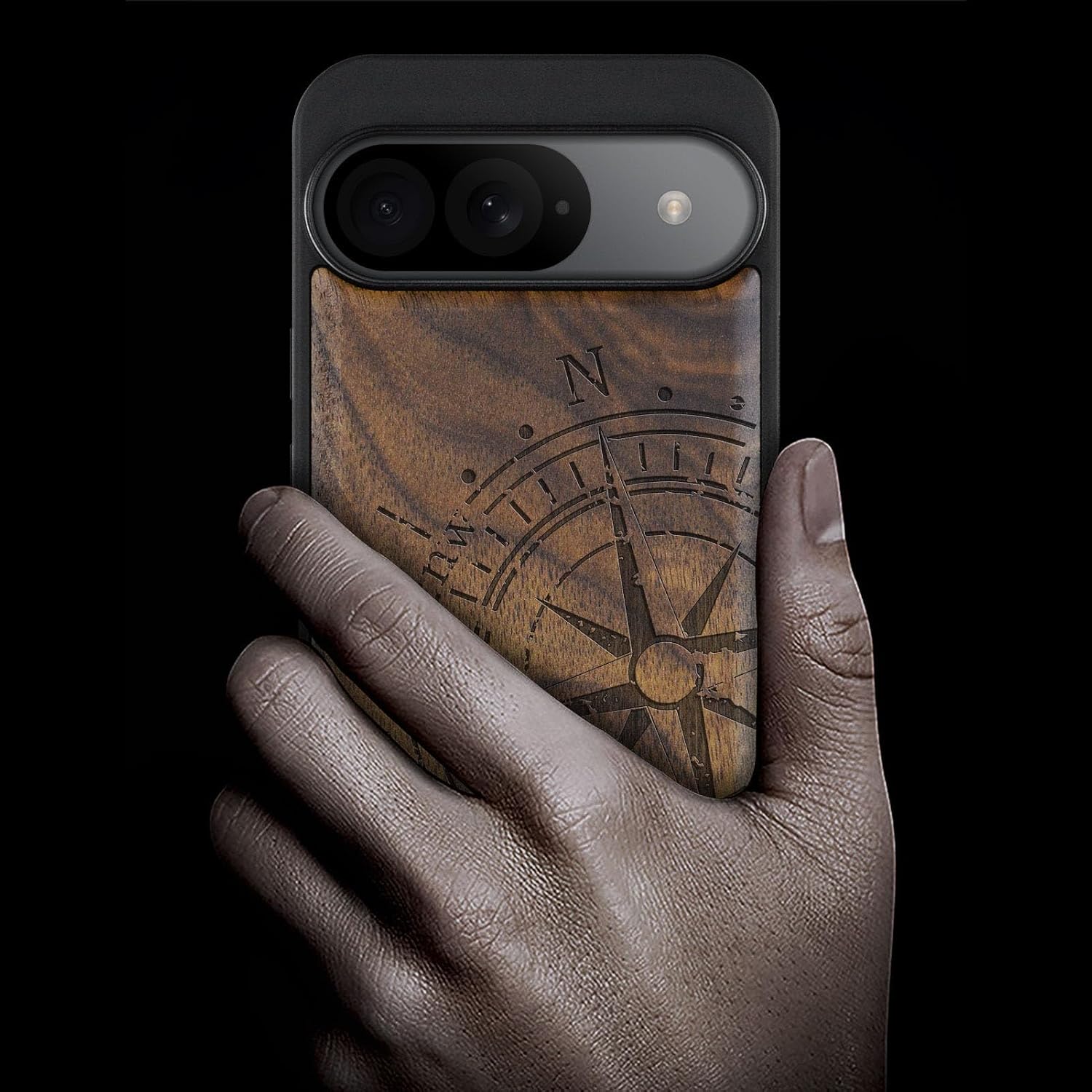 Carveit Wood Case for Pixel 9 Case [Natural Wood & Black Soft TPU] Shockproof Protective Unique Wooden Cover Compatible with Google Pixel 9 (The Incomplete Compass-Walnut)