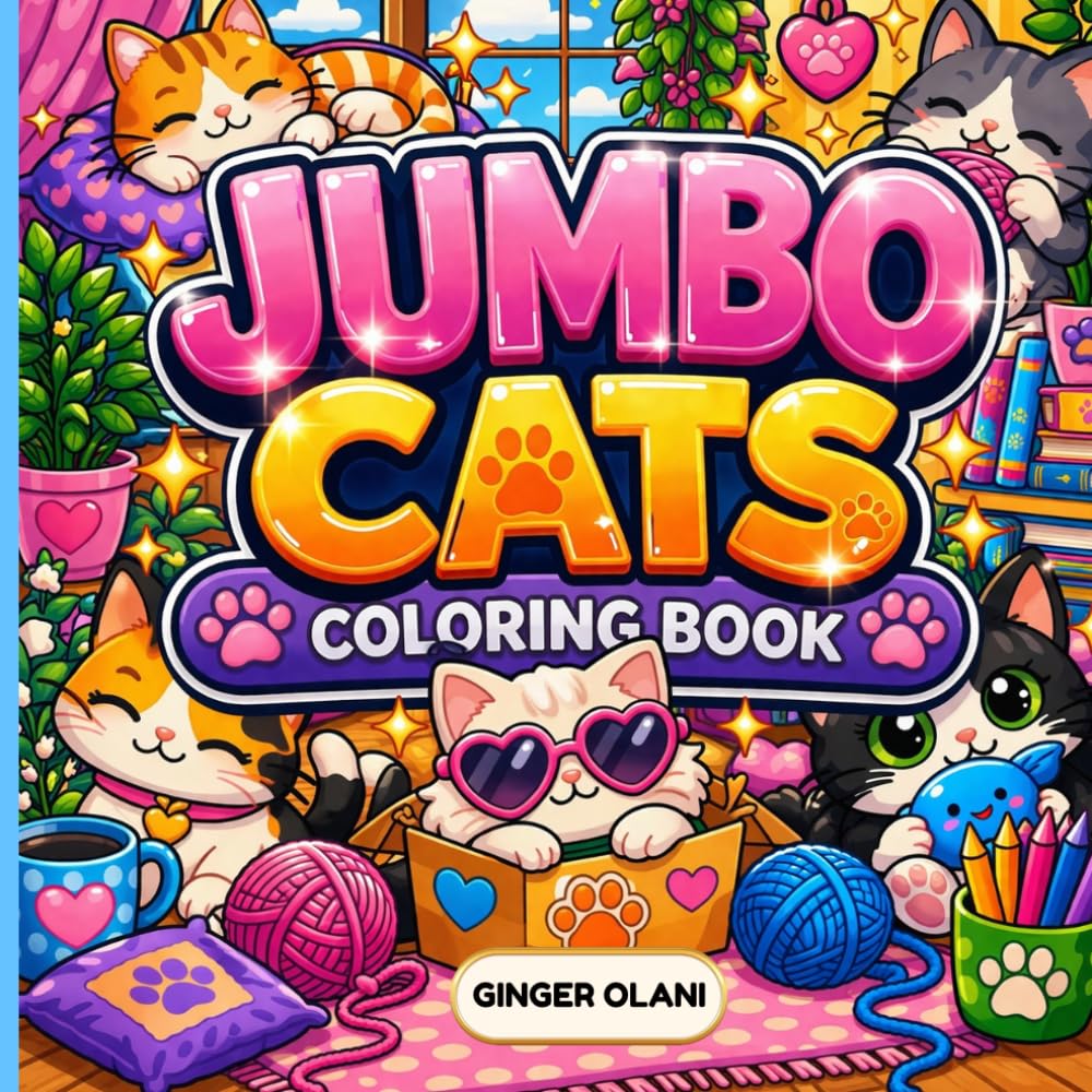 JUMBO Cats: JUMBO Cats Coloring Book: Cute Cats, Adorable Kittens, Cat-Themed Items, Cat Toys, & Cozy Felines with Easy and Relaxing Designs for Adults, Teens, and Kids Featuring Fun Cat Illustrations
