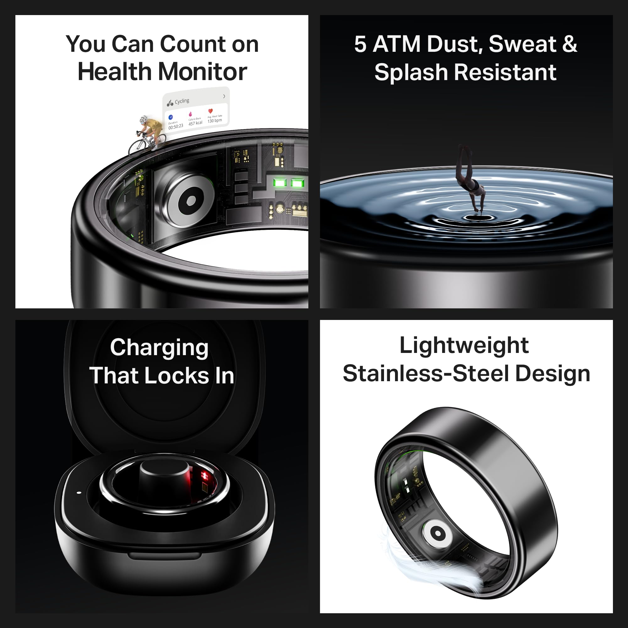 boAt SmartRing Active Plus, Auto HR, Sleep, SpO2, Stress & Skin Temperature Monitor, Stainless-Steel Build, 5 ATM, Weighs Only 5 gm, Portable Charging Case, smart Ring for Men (10, Midnight Black) — Amazon image 3