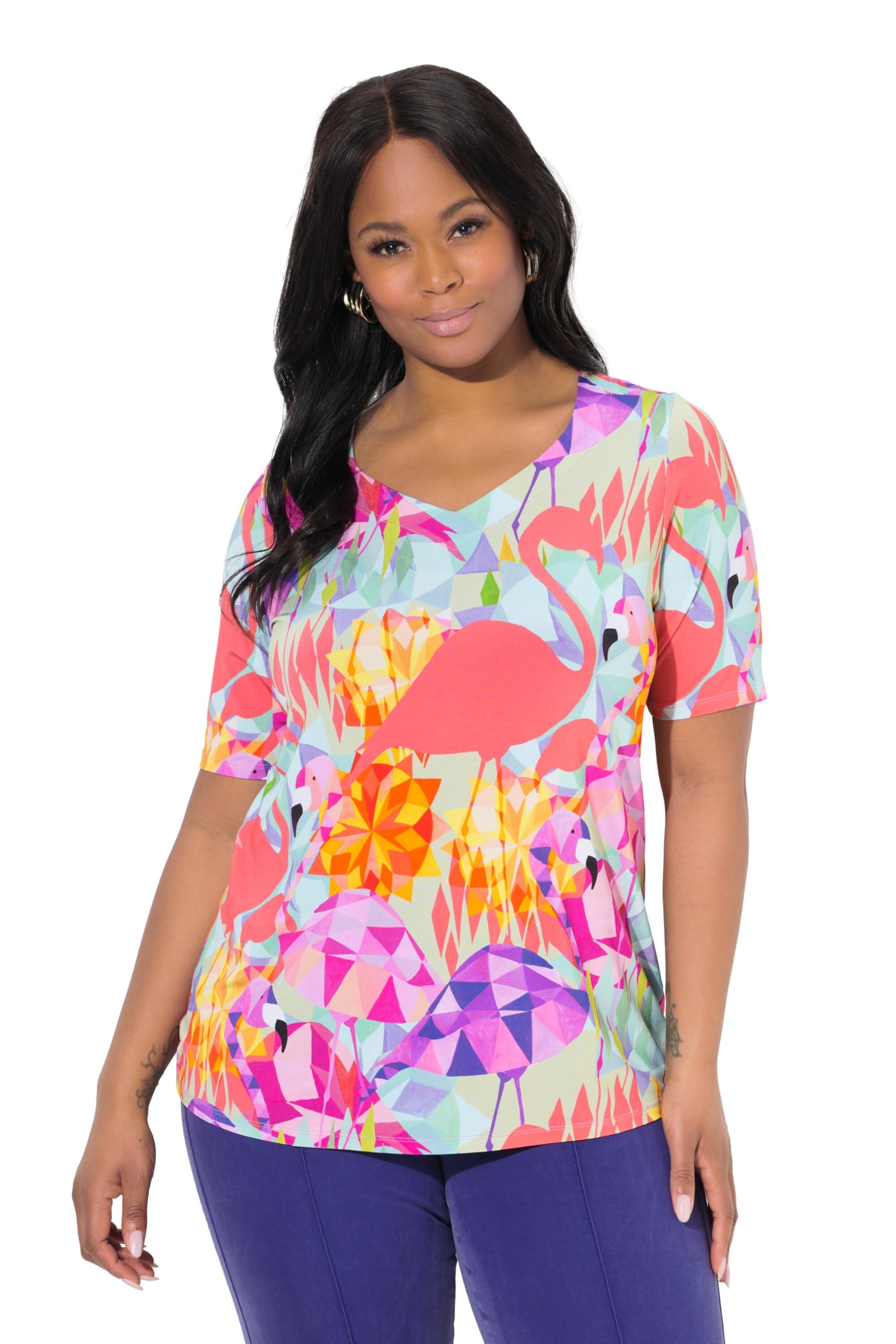 Ulla Popken Damen große Größen Übergrößen Plus Size Slinkyshirt, Flamingos, Herz-Ausschnitt, Halbarm 839567