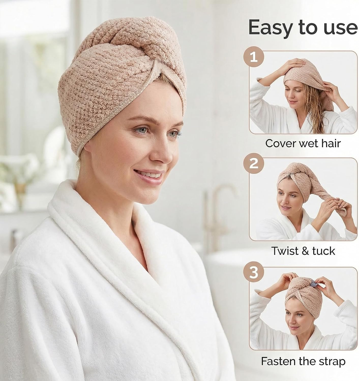 Microfiber Hair Towel Wrap for Women Extra Large Hair Turban Anti-Frizz Hair Drying Towel with Elastic Band for Curly Long Thick for Hair Bath Gym Travel Spa