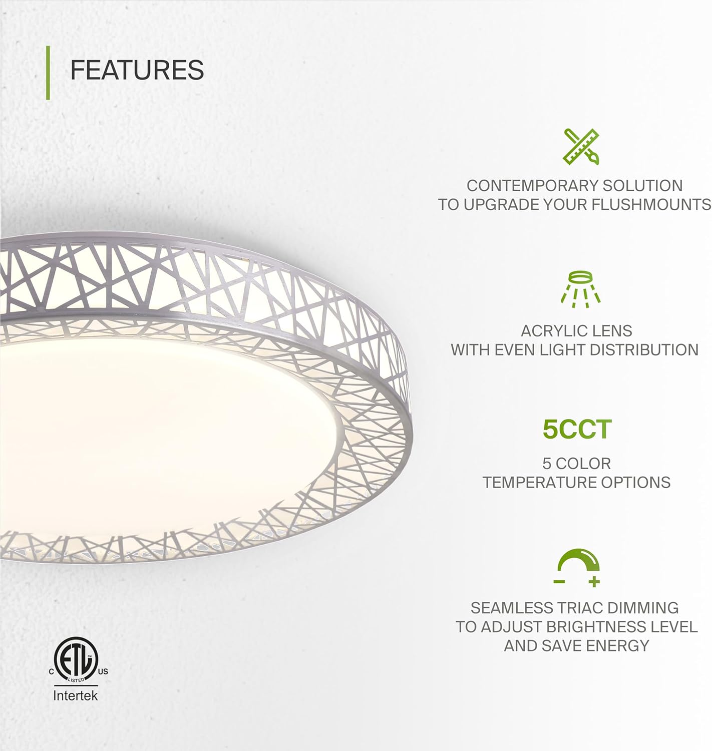 ASD 20 Inch LED Flush Mount Ceiling Light Fixture for Bedroom, 42W 2474LM 5CCT 2700K-5000K, Dimmable Lights, Dining, Living Room, Kitchen Lamps, Modern Home Lighting Fixtures, Nickel, ETL, 2 Pack