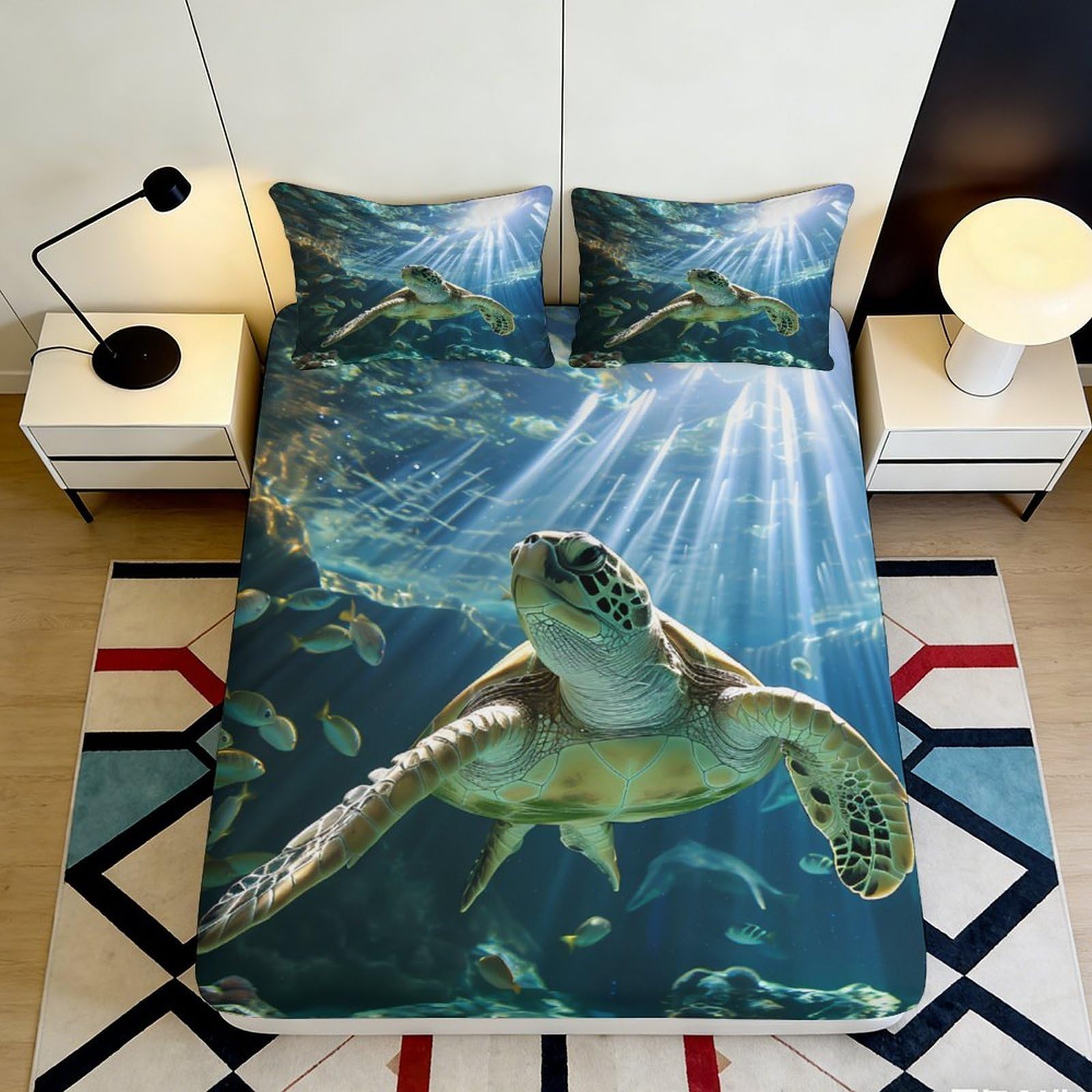 3D Printed Sea Turtle Fitted Sheet Microfiber 3D Printed Underwater Life Mattress Cover for Bedroom Dormitory Guest Room Mattress Protection Decor 120x200x25cm