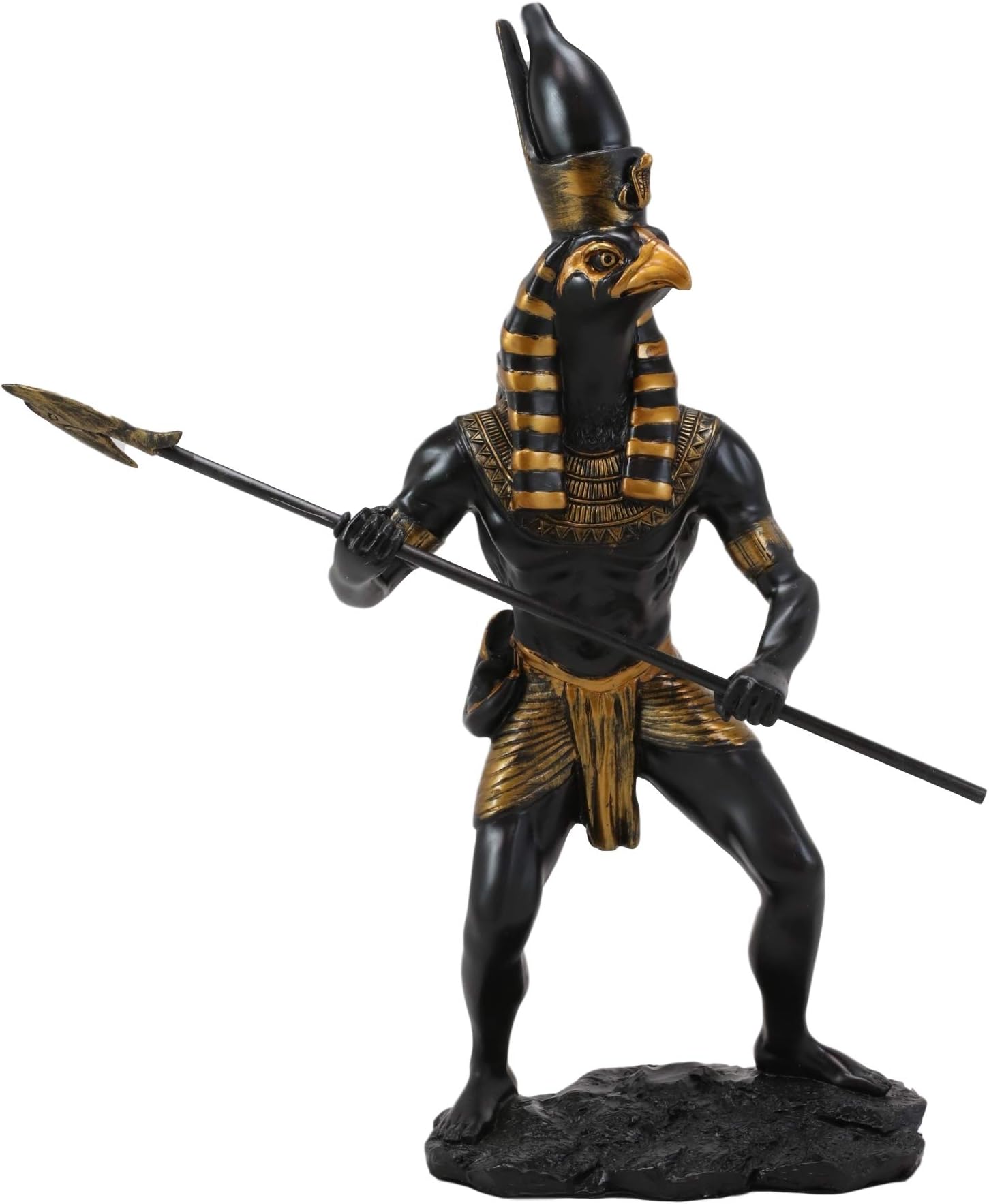 Ebros Gift Egyptian Mythology God Horus Ra with Pschent and Spear Statue in Classical Black and Gold Finish Gods of Egypt Deity of War and Sky Falcon Heru Figurine 12" Tall Home Decor Sculpture