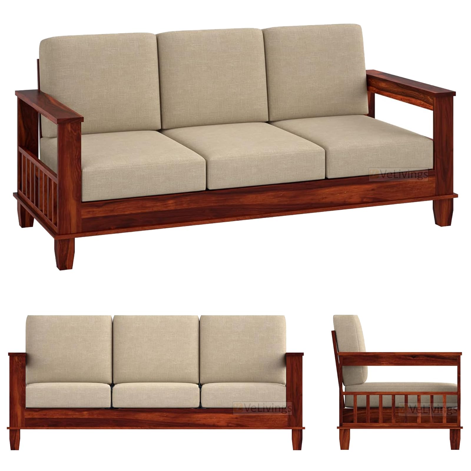 Solid Wood 3 Seater Sofa Set with Cushions, Modern Luxury Wooden Couch, Comfortable Fabric Cushions, Stylish Living Room Furniture-image-36