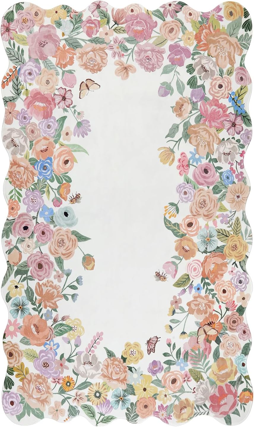 Wonnitar Washable 3x5 Bedroom Rug, Soft Camellia Floral Area Rugs for Living Room, Non Slip Boho Flower Nursery Rug Scalloped Throw Carpet for Kids Room Bedside Entryway Laundry Room (Beige,3'x5')