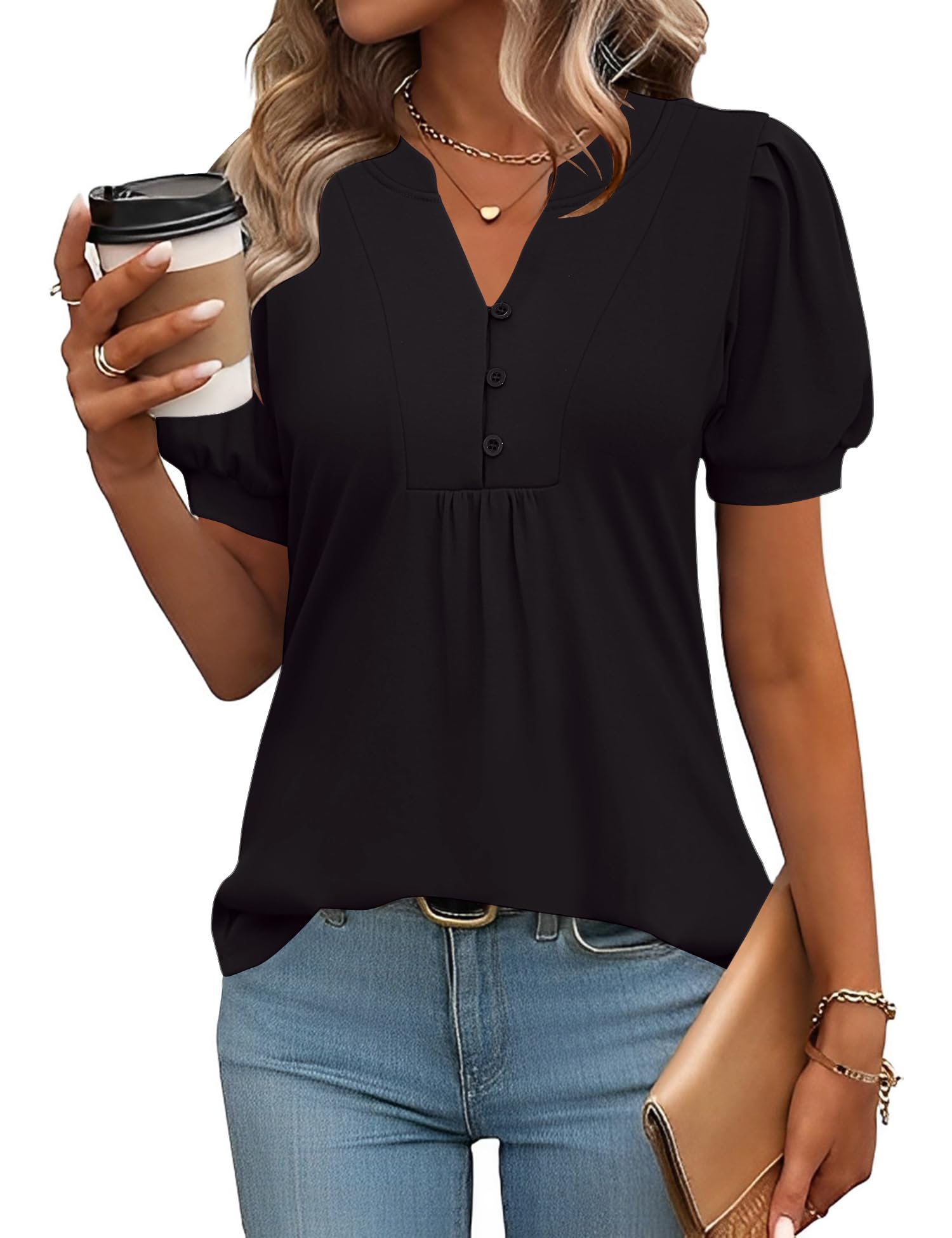 Rapbin Bluse Damen V-Ausschnitt Knopfleiste T-Shirt Tunika Kurzarm Top Sommer Oberteile Elegant Casual