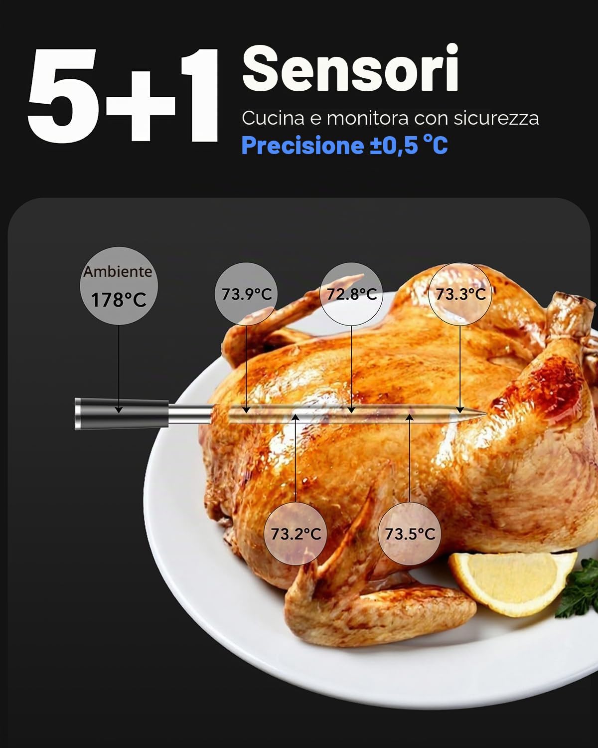 BFOUR Termometro per carne, WiFi e Bluetooth, termometro per barbecue con 6 sensori, 3 modelli Connect, controllo app, impermeabile IP67, termometro per arrosto per affumicatore, barbecue, forno e