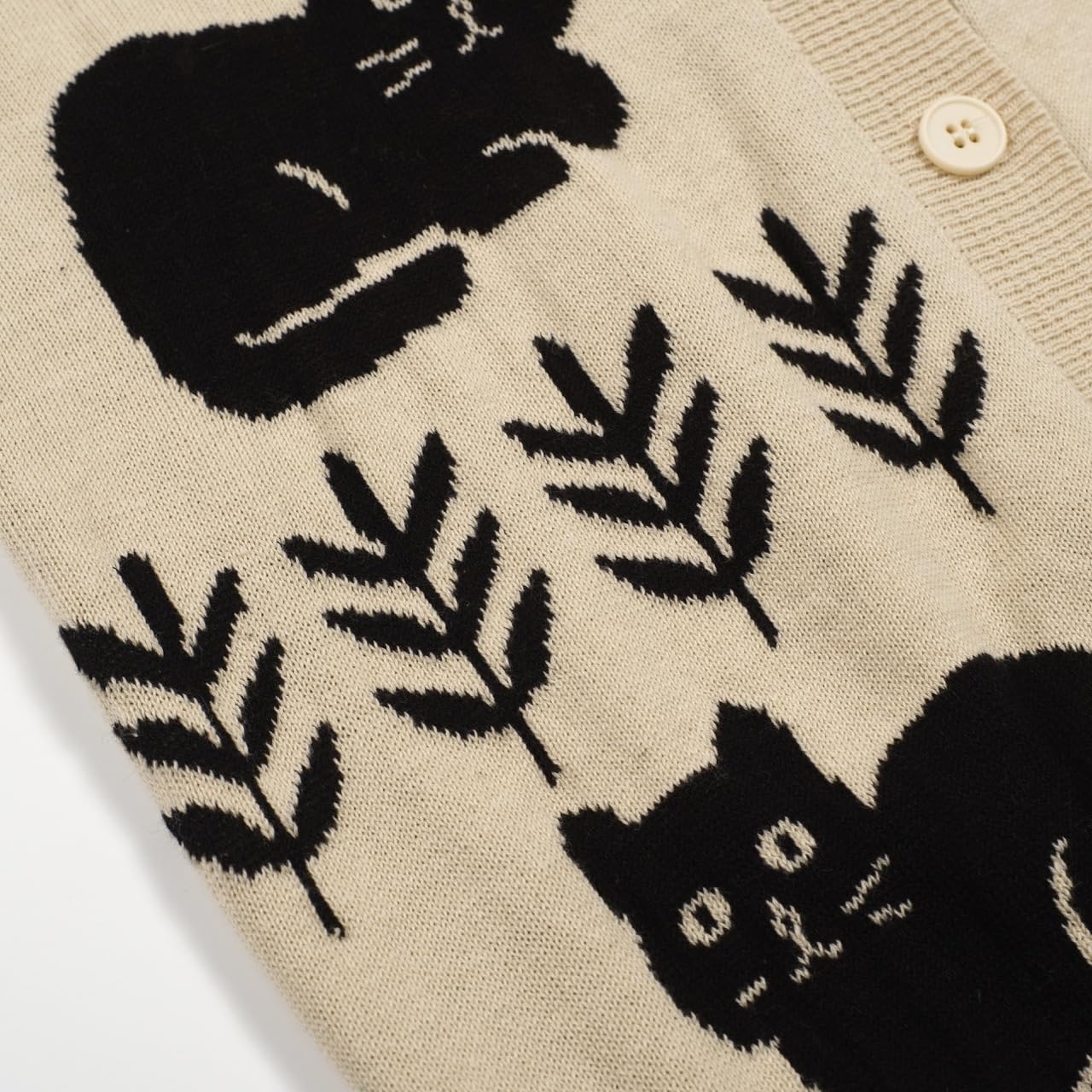 OXKNIT Women's Retro Beige Knitted Cardigan Sweater, Vintage Black Cat Pattern Casual Cotton Long Sleeve Tops