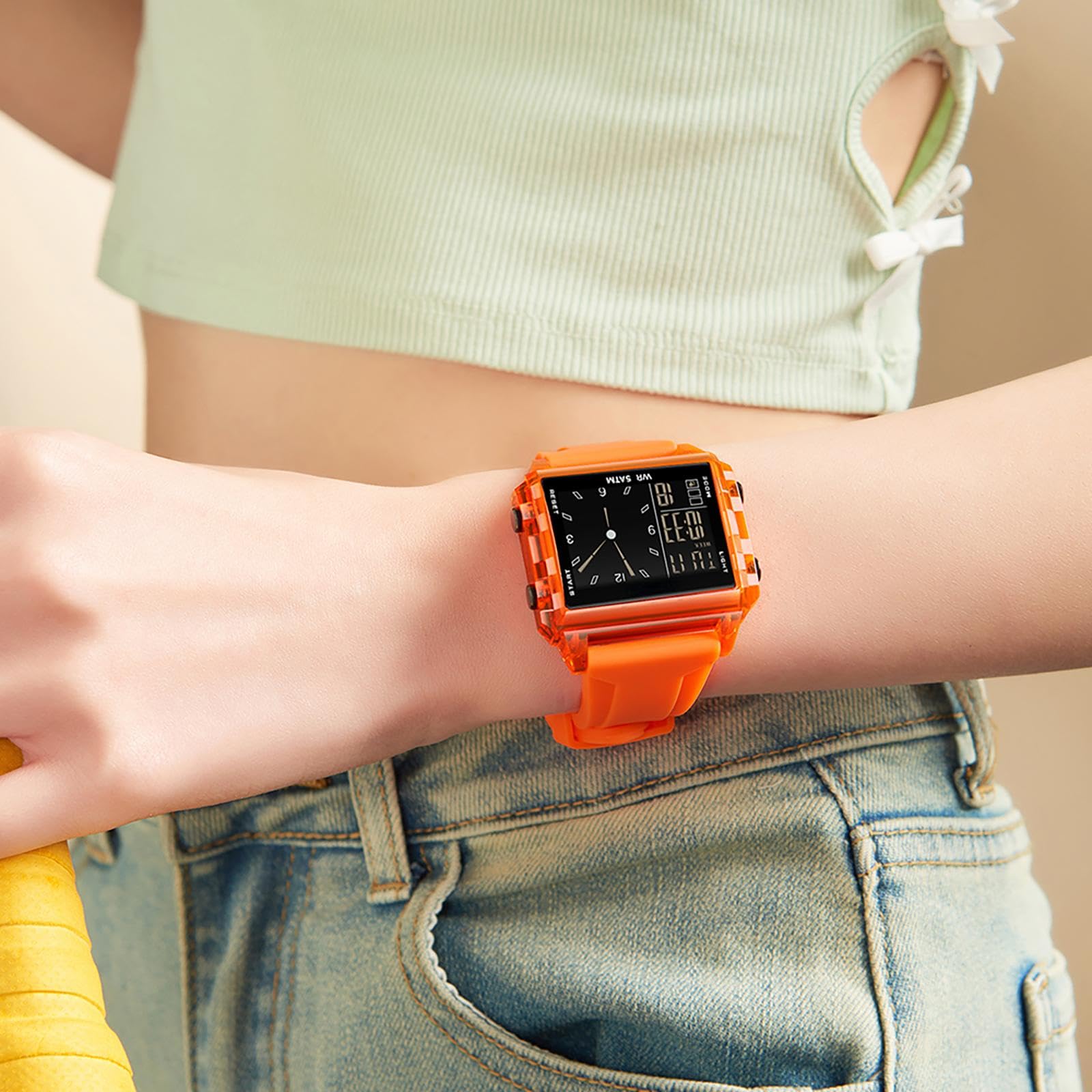 findtime Relojes digitales para hombres y mujeres, impermeable, único, rectangular, cronómetro, alarma de cuenta regresiva, correa de silicona analógica, funda transparente