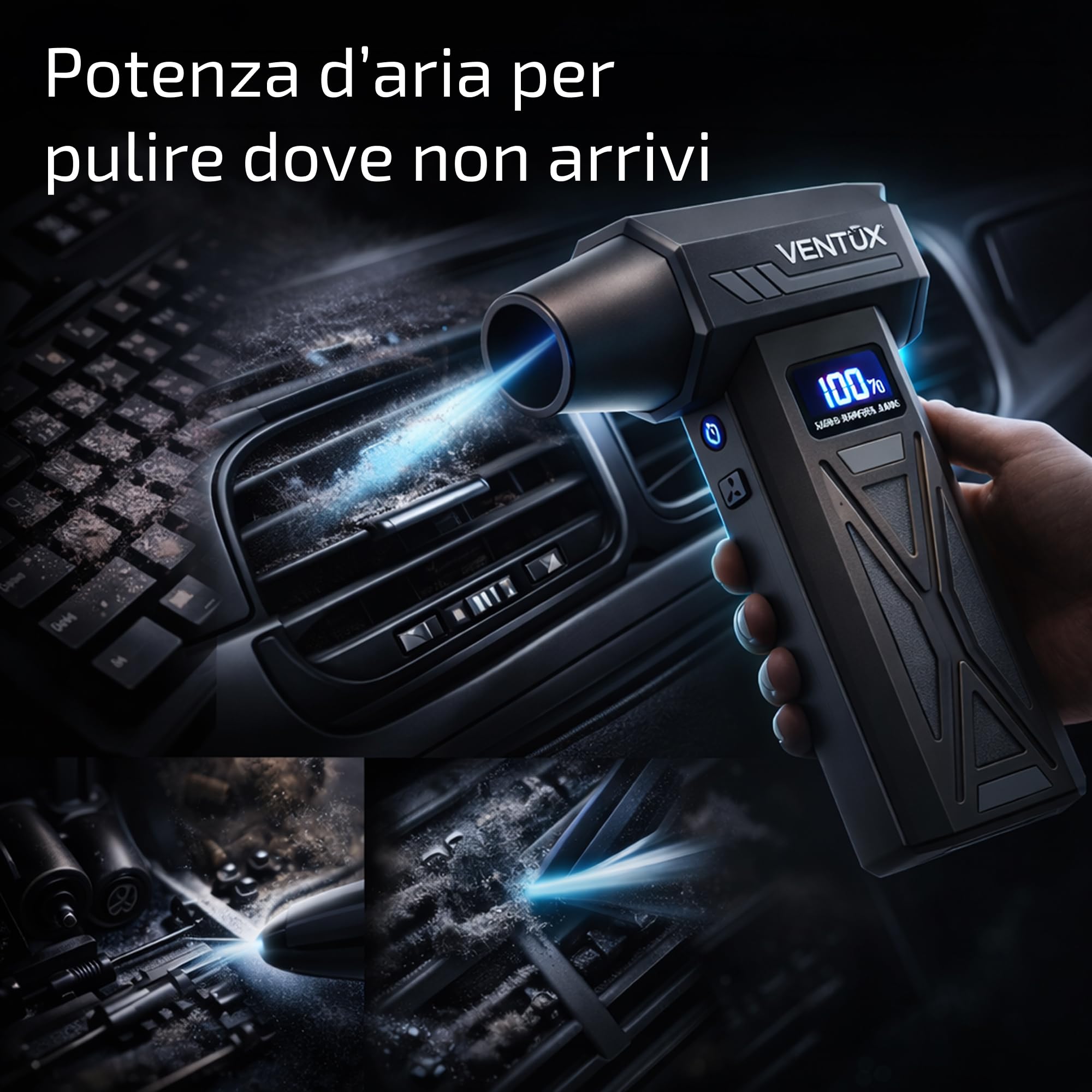 Soffiatore d’Aria Portatile a Batteria AeroBoost P70 – 110W | 4 Velocità, Display LCD, LED, 2000mAh | Mini Air Blower per Polvere, Tastiere, Auto, PC – Ventux Gear