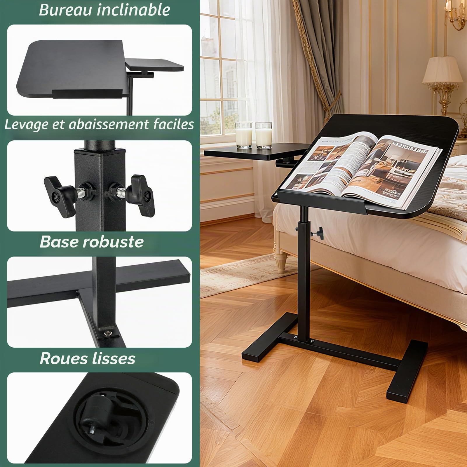 YYW Table de lit réglable à roulettes avec plateau à roulettes pour ordinateur portable et hôpital réglable en hauteur (noir)