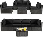 DORTALA Wicker Patio Furniture Set 5 Piece, Outdoor Sectional Couch Sofa Set with Table, Cushions, All Weather Rattan Conversation Set for Balcony, Porch, Backyard, Deck, Red