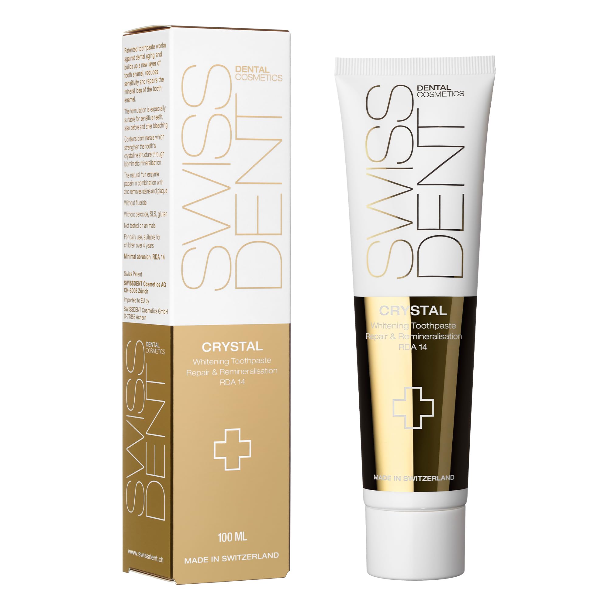 SWISSDENT CRYSTAL ZAHNPASTA, 100 ml aufhellende Whitening Zahnpasta, aufbauend, remineralisierend & reduziert Empfindlichkeit