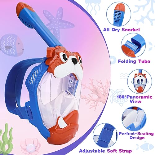 Miniatura 2 de Máscara de esnórquel de cara completa para niños de 4 a 16 años, juego de esnórquel con vista panorámica de 180 grados, antivaho, antifugas, equipo