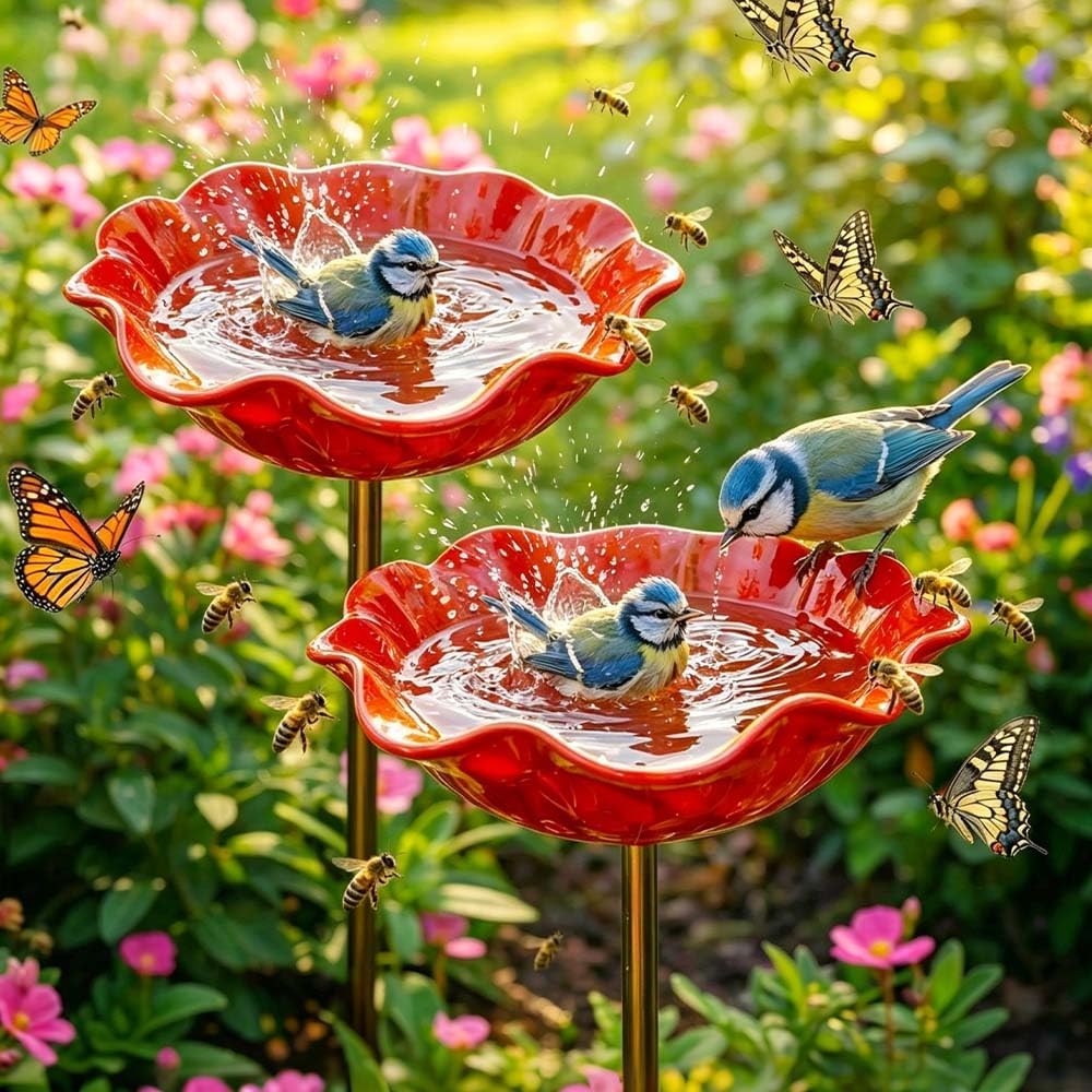 Handmade Metal Flower Garden Stake Bird Bath, Bee Watering Station for Outside, Hummingbird Fountain Butterfly Water Feeder with Flower Design, Bees Feeder Bowl for Outdoor Yard, Garden Decor (2PC)